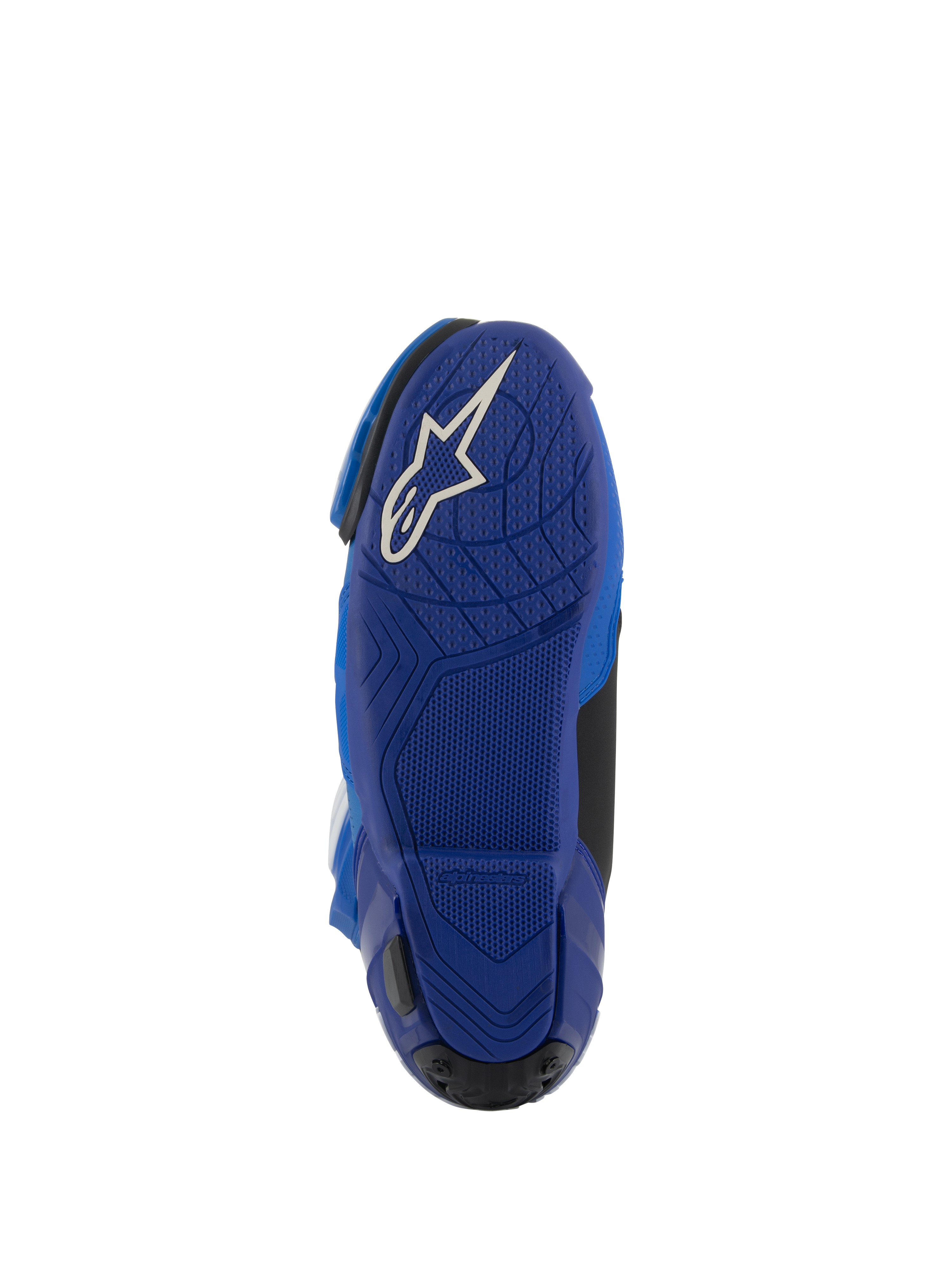 Buty Alpinestars Supertech R Vented, niebiesko-czarne, widok od dołu na niebieską gumową podeszwę z białym logo Astars, teksturowany wzór przyczepności ułatwiający kontrolę nad podnóżkami, wysokowydajne obuwie do wyścigów motocyklowych