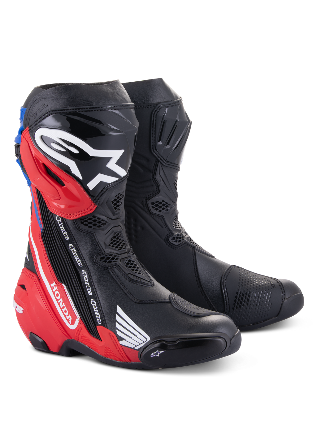 Alpinestars Honda Supertech R Boots, motocyklowe buty wyścigowe, czarne z jasnoczerwonymi i niebieskimi akcentami, ochraniacze goleni TPU, branding Honda, zaawansowany aerodynamiczny design zapewniający wydajność na torze i drodze.