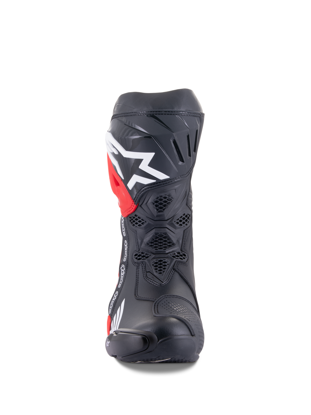 Buty Alpinestars Honda Supertech R, wyścigowe buty motocyklowe, czarne z czerwonymi i białymi akcentami, widok z przodu z wentylacją o strukturze plastra miodu, duże białe logo na goleni, wysokowydajna konstrukcja z mikrofibry