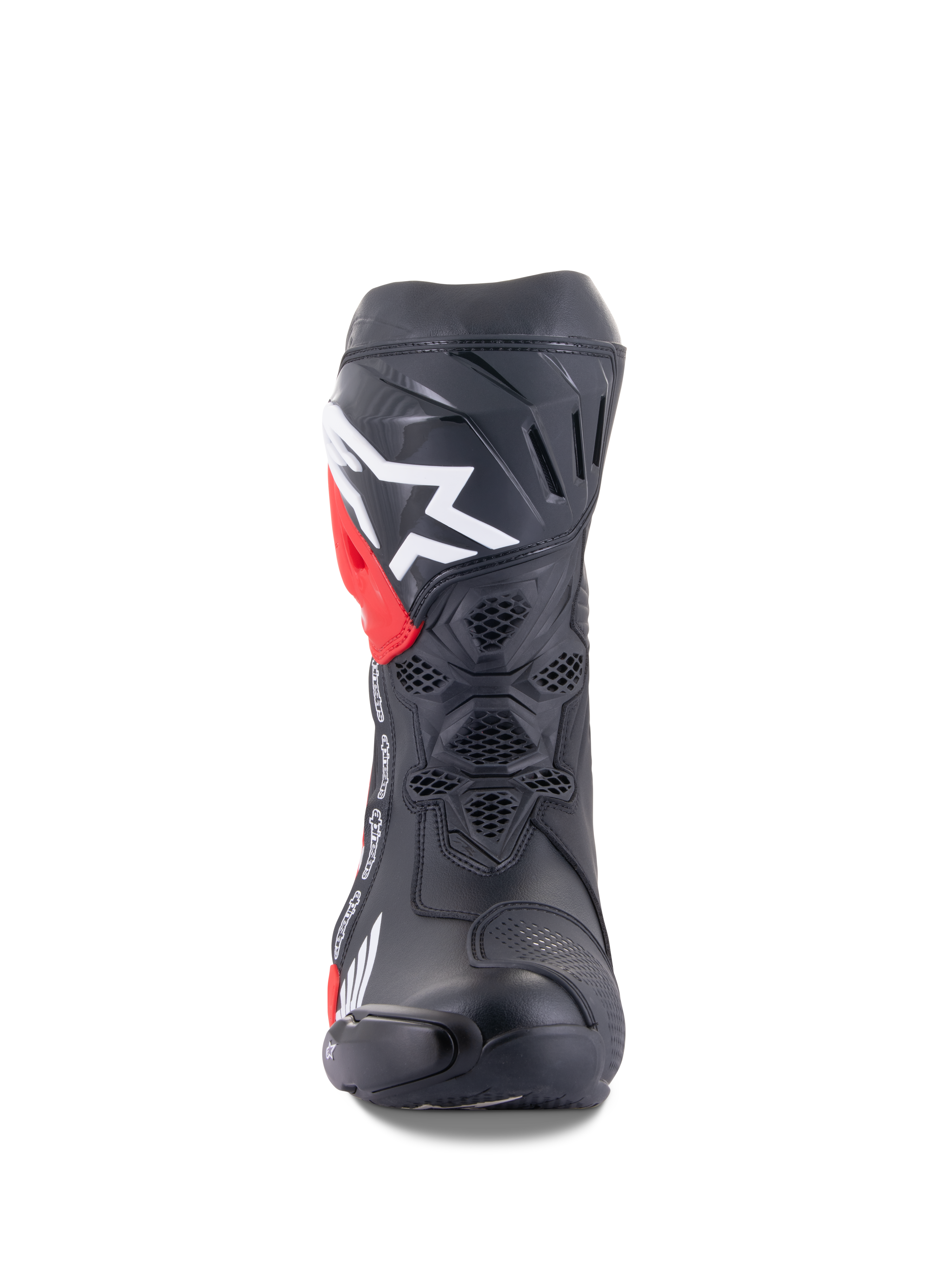 Buty Alpinestars Honda Supertech R, wyścigowe buty motocyklowe, czarne z czerwonymi i białymi akcentami, widok z przodu z wentylacją o strukturze plastra miodu, duże białe logo na goleni, wysokowydajna konstrukcja z mikrofibry