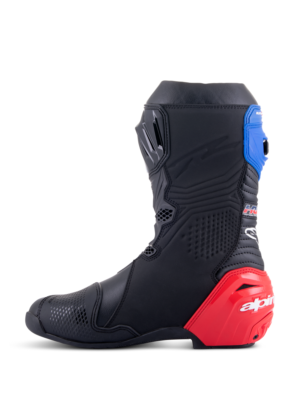 Alpinestars Honda Supertech R Boots, wyścigowe buty motocyklowe, czarne z jaskrawoczerwonymi i niebieskimi akcentami, czerwony slider pięty z TPU, niebieski górny ochraniacz i logo Alpinestars, techniczny design do profesjonalnej jazdy na torze i szosie