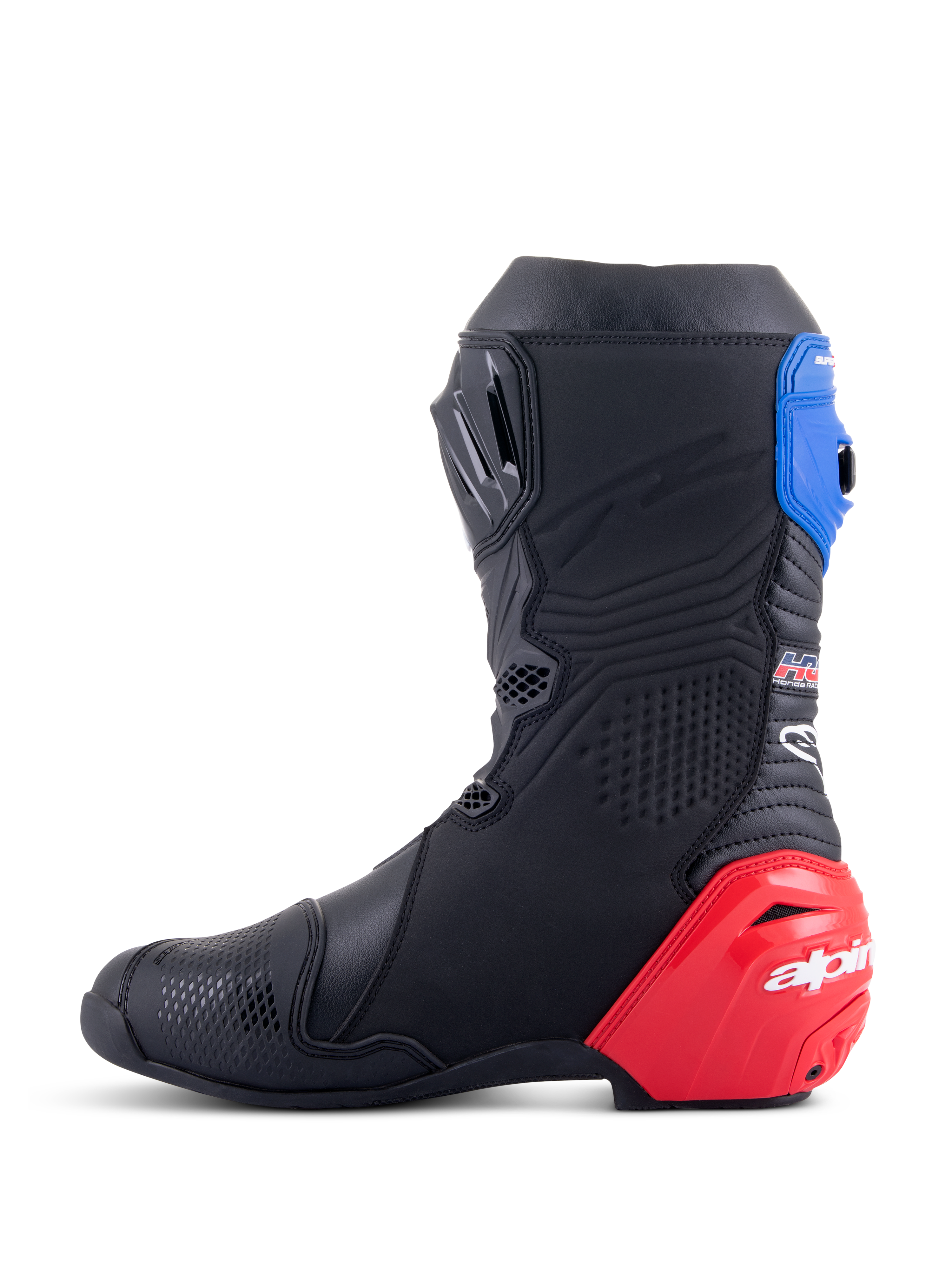 Alpinestars Honda Supertech R Boots, wyścigowe buty motocyklowe, czarne z jaskrawoczerwonymi i niebieskimi akcentami, czerwony slider pięty z TPU, niebieski górny ochraniacz i logo Alpinestars, techniczny design do profesjonalnej jazdy na torze i szosie