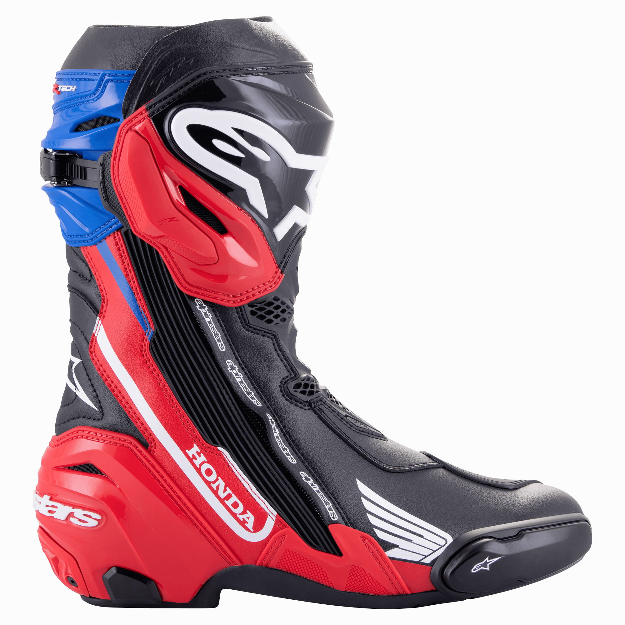 Alpinestars Honda Supertech R Boots, profesjonalne buty motocyklowe wyścigowe, czarne z jasnoczerwonymi i niebieskimi akcentami, profil boczny z wyraźnym białym logo Honda i Alpinestars, ochronna płyta goleniowa TPU, wymienne suwaki palców i pięty