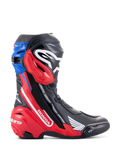 Alpinestars Honda Supertech R Boots, wyścigowe buty motocyklowe, czarne, jaskrawoczerwone i niebieskie, białe logo Honda na czerwonym panelu bocznym, logo Alpinestars na goleni, niebieski górny kołnierz, smukły aerodynamiczny design z zaawansowaną ochroną TPU