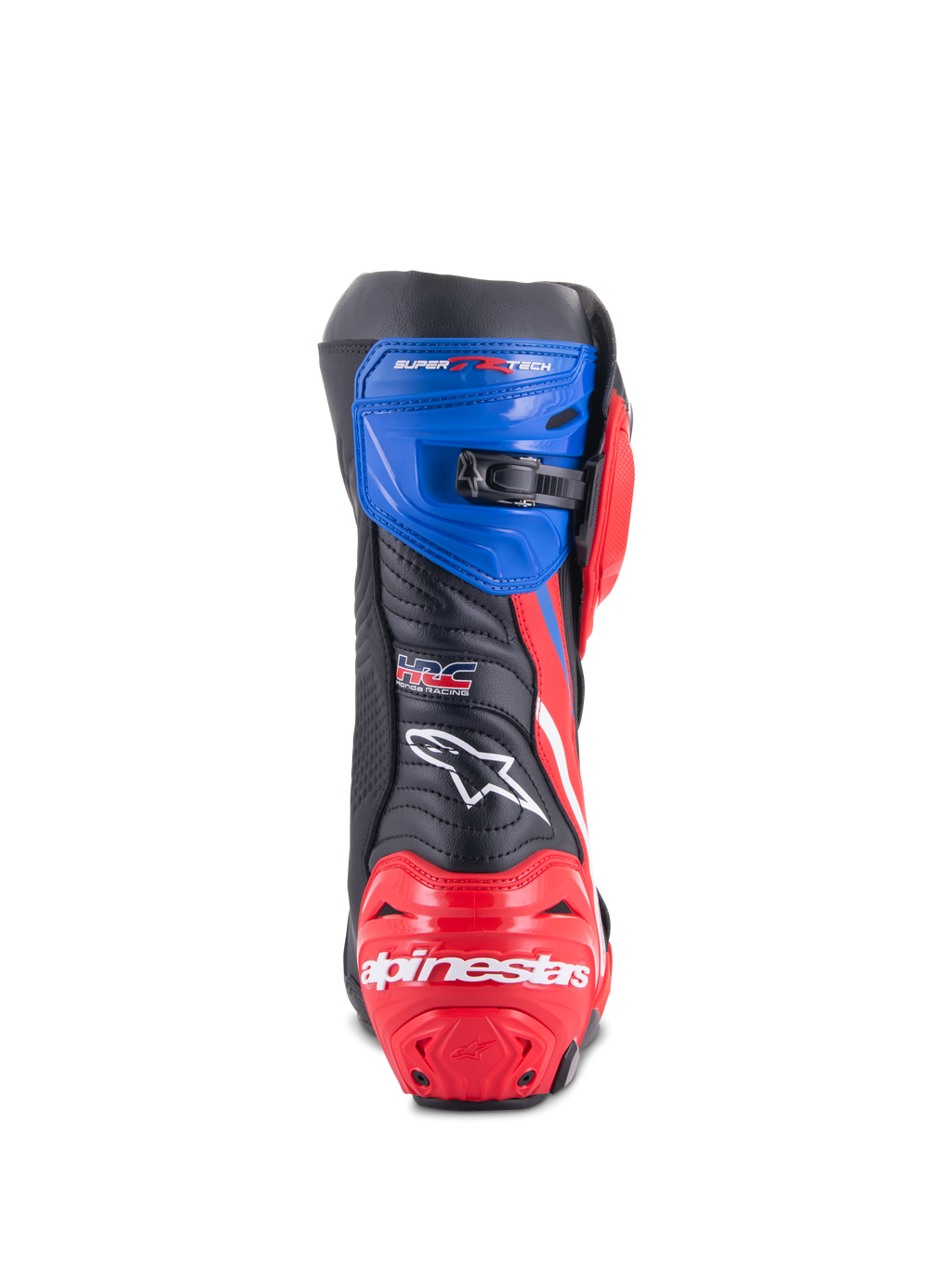 Buty Alpinestars Honda Supertech R, buty motocyklowe wyścigowe, czarne, jaskrawoczerwone i niebieskie, widok z tyłu przedstawiający czerwoną wzmocnioną piętę z białym logo, niebieski górny ochraniacz z mikroregulowanym zapięciem zapadkowym i logo HRC z tyłu