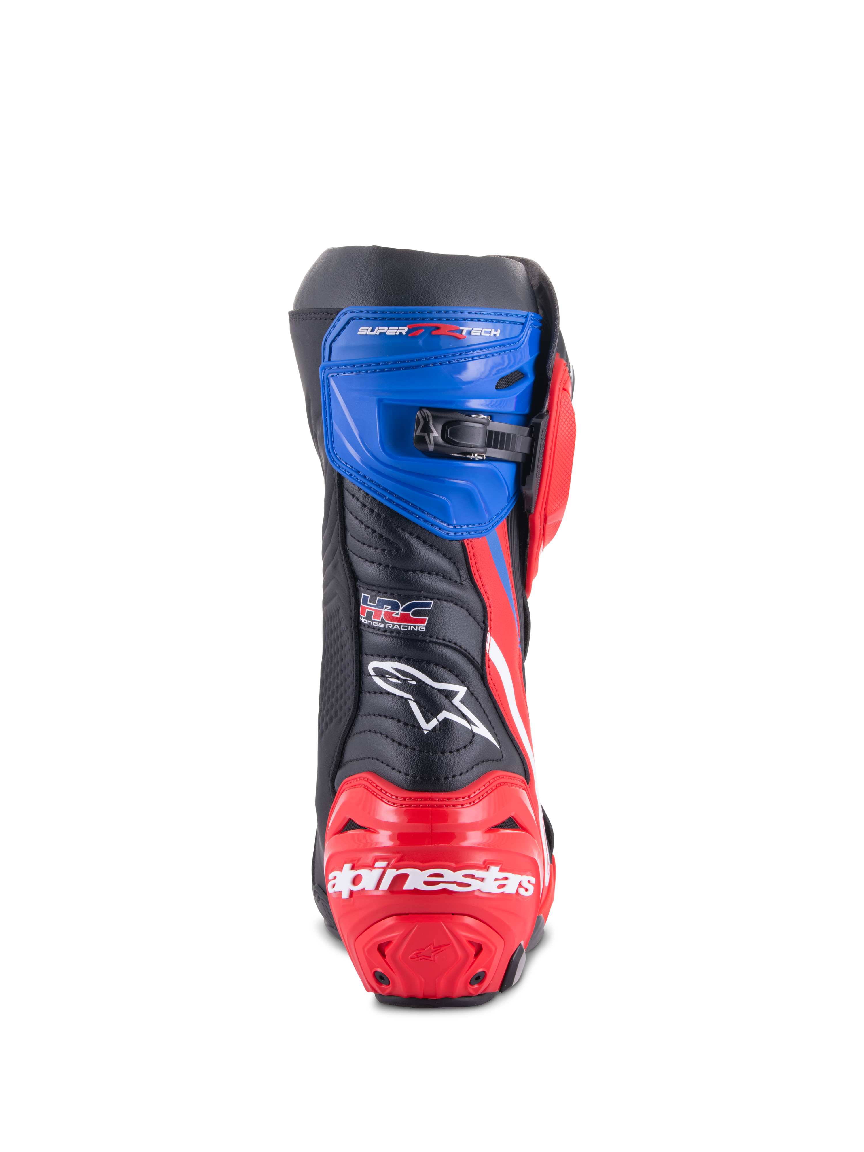 Buty Alpinestars Honda Supertech R, buty motocyklowe wyścigowe, czarne, jaskrawoczerwone i niebieskie, widok z tyłu przedstawiający czerwoną wzmocnioną piętę z białym logo, niebieski górny ochraniacz z mikroregulowanym zapięciem zapadkowym i logo HRC z tyłu