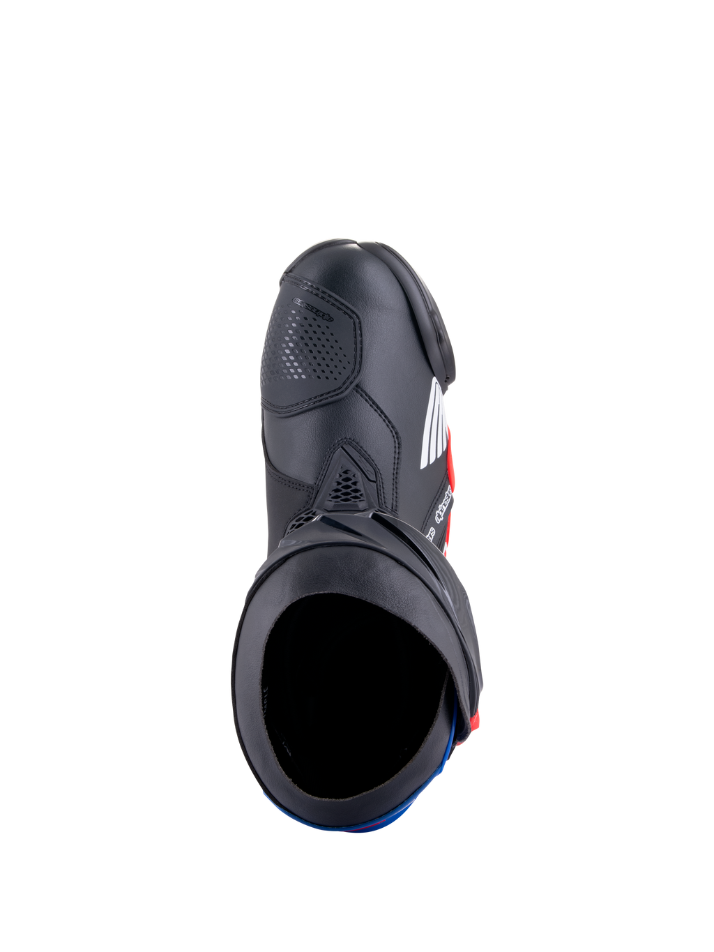 Alpinestars Honda Supertech R Boots, buty motocyklowe wyścigowe, czarne, jaskrawoczerwone i niebieskie, widok z góry ukazujący otwór buta i konstrukcję z mikrofibry, ochronne płyty TPU i opływowy wyścigowy design