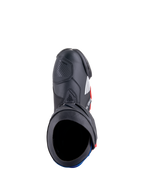 Alpinestars Honda Supertech R Boots, buty motocyklowe wyścigowe, czarne, jaskrawoczerwone i niebieskie, widok z góry ukazujący otwór buta i konstrukcję z mikrofibry, ochronne płyty TPU i opływowy wyścigowy design