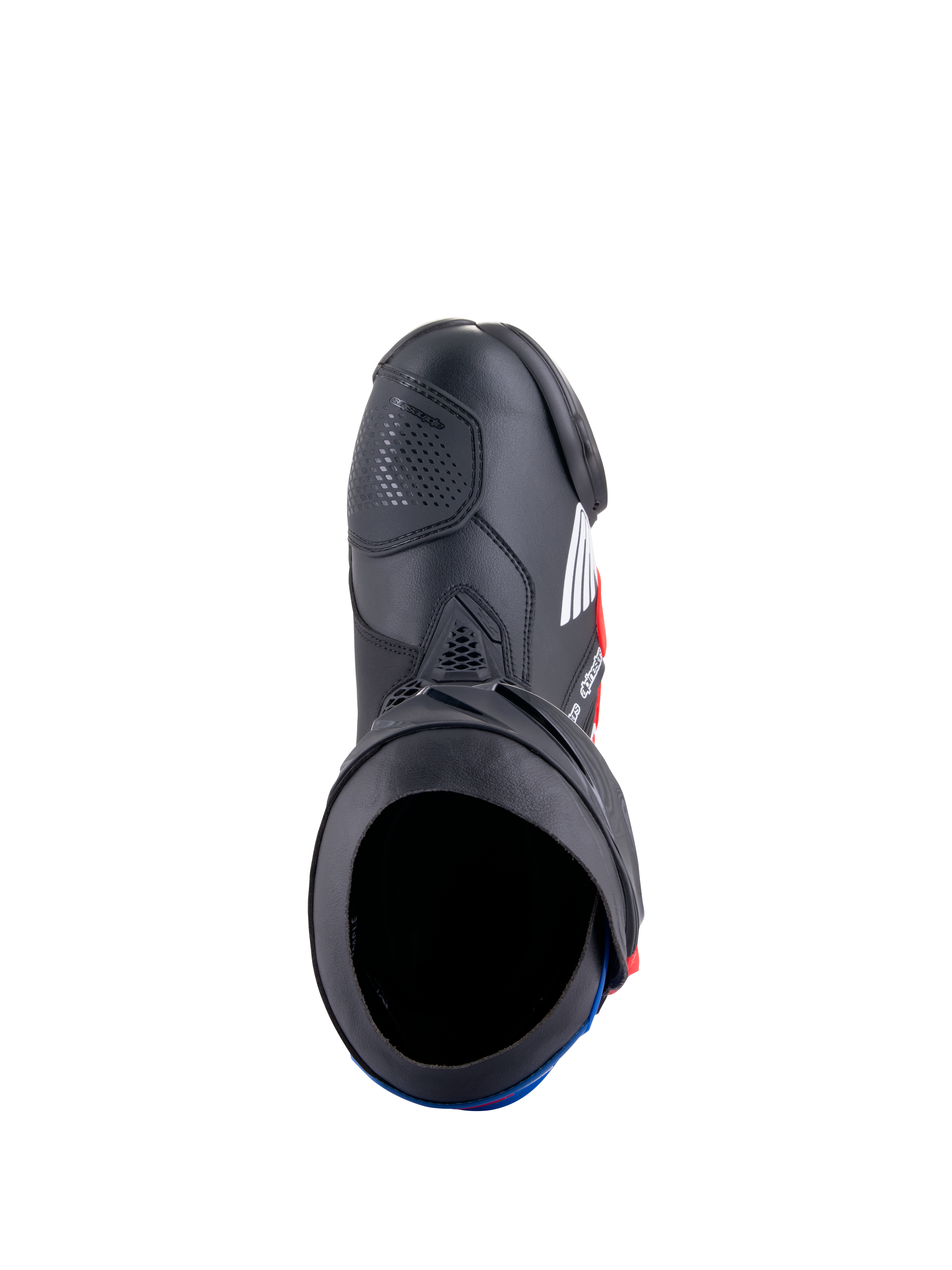 Alpinestars Honda Supertech R Boots, buty motocyklowe wyścigowe, czarne, jaskrawoczerwone i niebieskie, widok z góry ukazujący otwór buta i konstrukcję z mikrofibry, ochronne płyty TPU i opływowy wyścigowy design