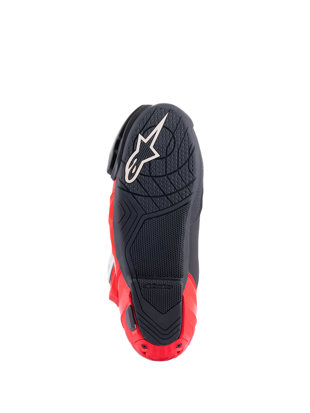 Buty Alpinestars Honda Supertech R, widok podeszwy, czarne i jaskrawoczerwone, z teksturowaną mieszanką gumy zapewniającą przyczepność, białe logo Astar na przodzie i czerwony suwak pięty, wyczynowe obuwie motocyklowe wyścigowe.