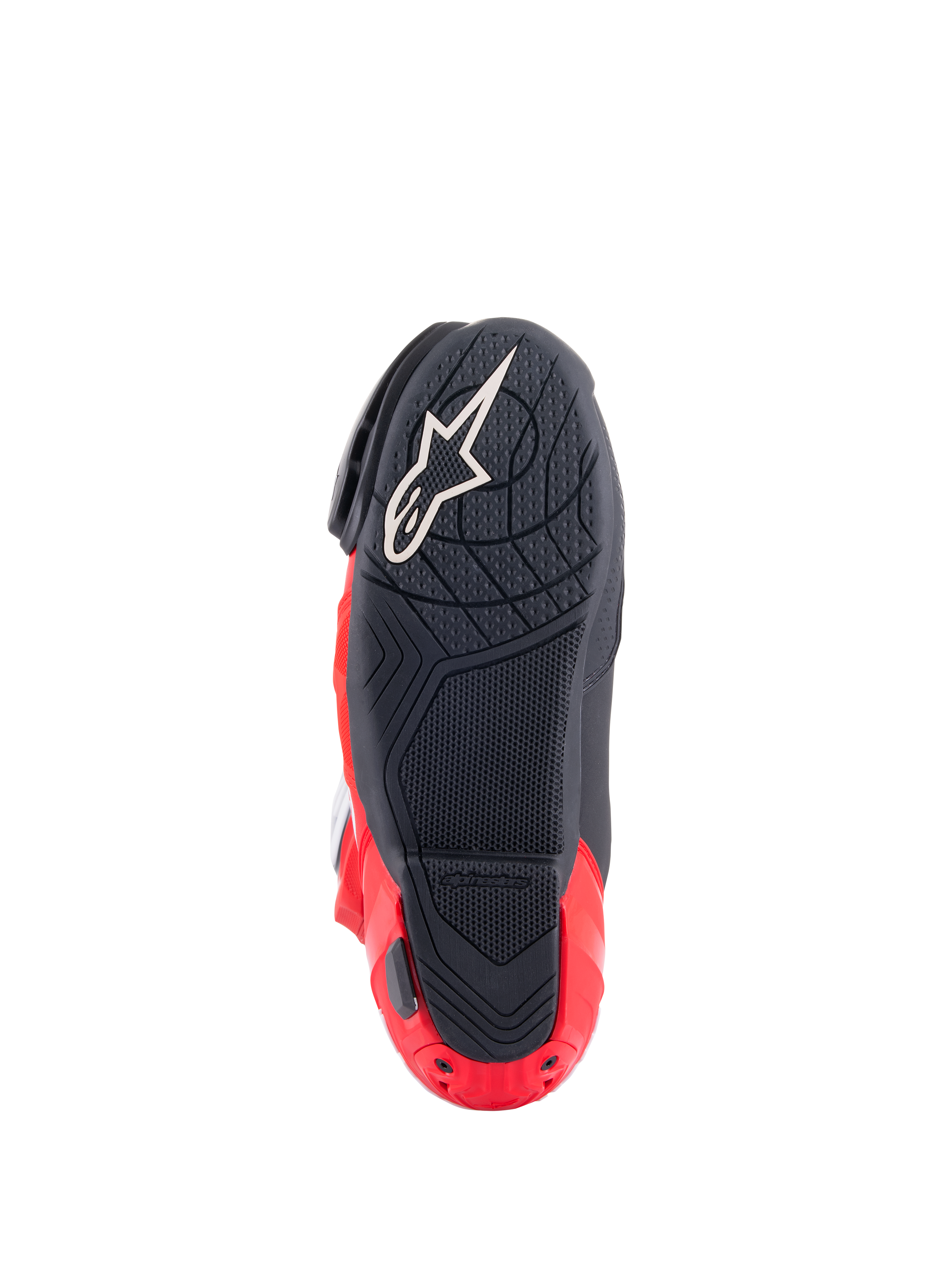 Buty Alpinestars Honda Supertech R, widok podeszwy, czarne i jaskrawoczerwone, z teksturowaną mieszanką gumy zapewniającą przyczepność, białe logo Astar na przodzie i czerwony suwak pięty, wyczynowe obuwie motocyklowe wyścigowe.