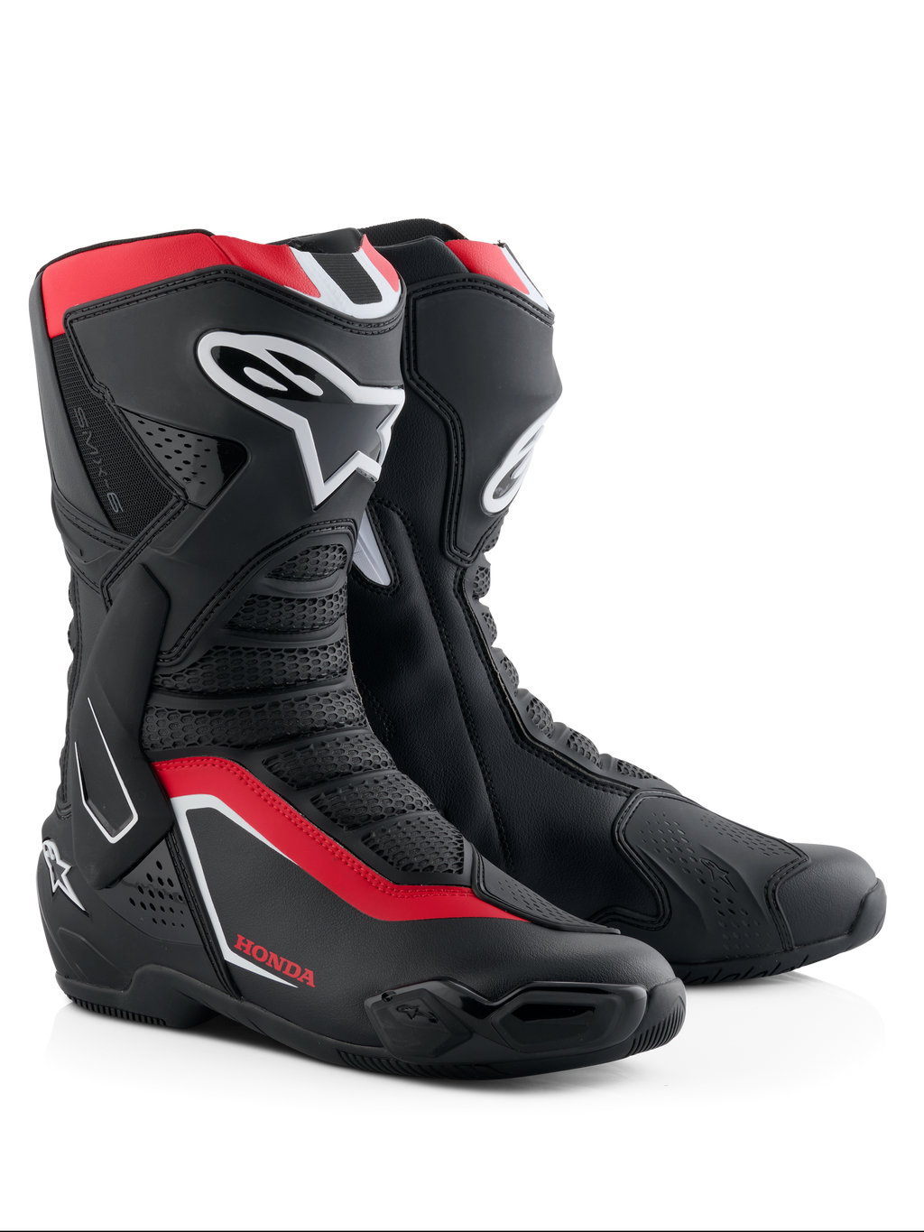 Alpinestars Honda SMX-6 V3 Boots, wyczynowe buty motocyklowe, czarne z jaskrawoczerwonymi i białymi akcentami, ochrona goleni i kostek TPU, wentylowane panele siatkowe, aerodynamiczny profil i logo Honda
