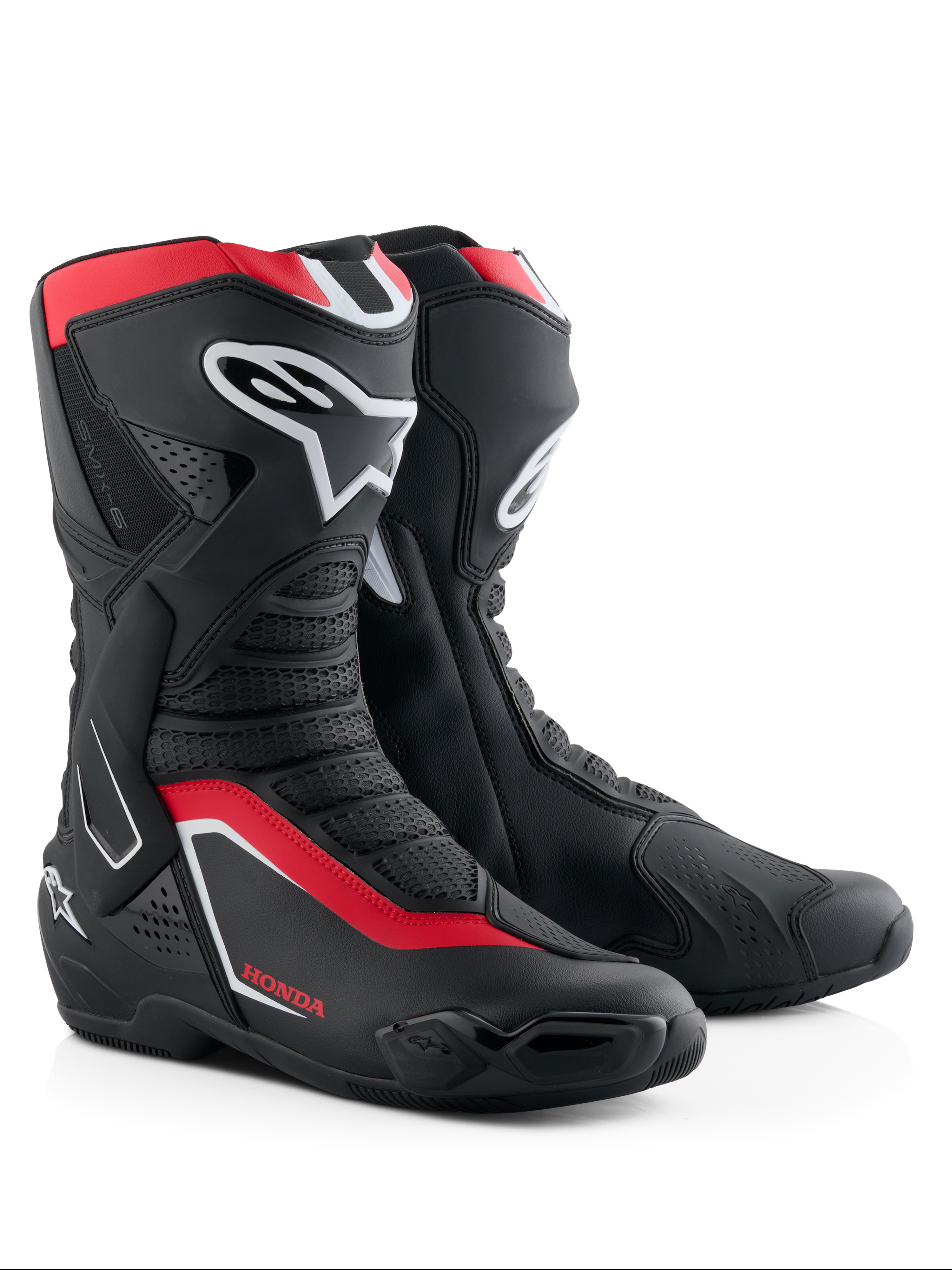 Alpinestars Honda SMX-6 V3 Boots, wyczynowe buty motocyklowe, czarne z jaskrawoczerwonymi i białymi akcentami, ochrona goleni i kostek TPU, wentylowane panele siatkowe, aerodynamiczny profil i logo Honda
