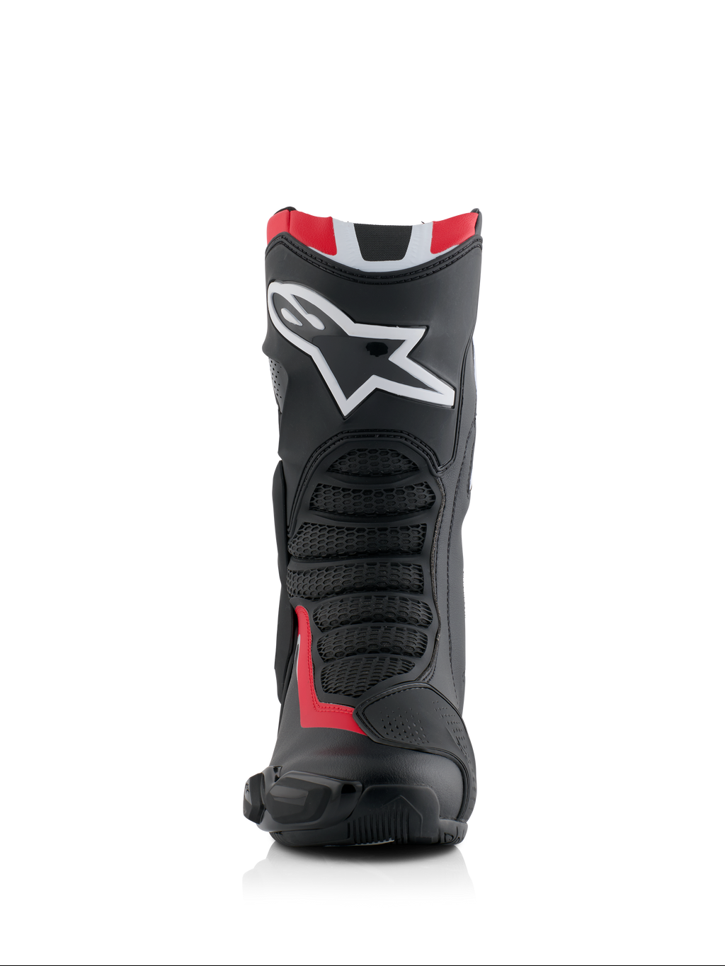 Buty Alpinestars Honda SMX-6 V3, wyczynowe buty motocyklowe, czarne z jaskrawoczerwonymi i białymi akcentami, widok z przodu z dużym białym logo Alpinestars na goleniu, teksturowane siatkowe strefy elastyczne, aerodynamiczny profil ochronny