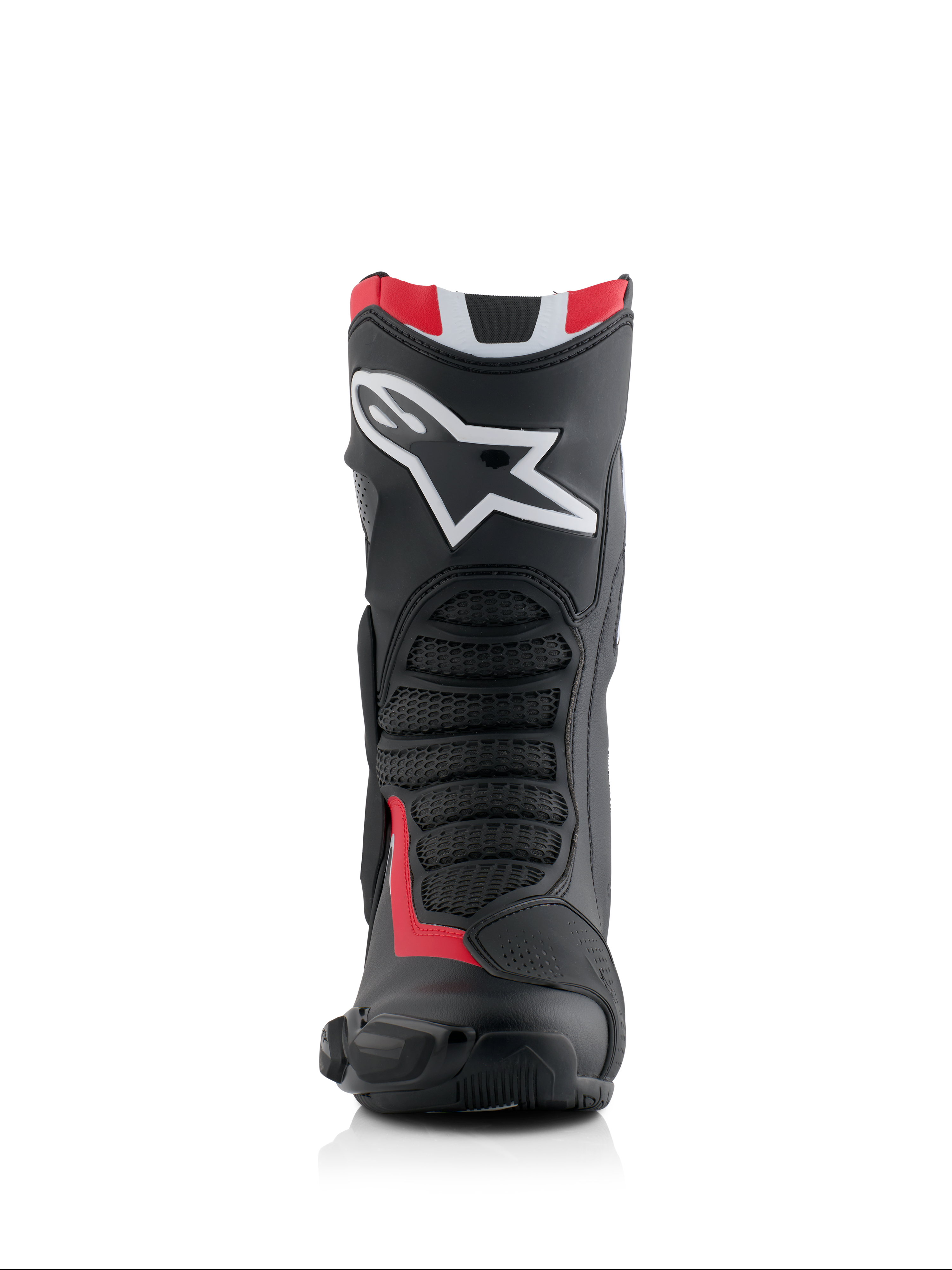 Buty Alpinestars Honda SMX-6 V3, wyczynowe buty motocyklowe, czarne z jaskrawoczerwonymi i białymi akcentami, widok z przodu z dużym białym logo Alpinestars na goleniu, teksturowane siatkowe strefy elastyczne, aerodynamiczny profil ochronny