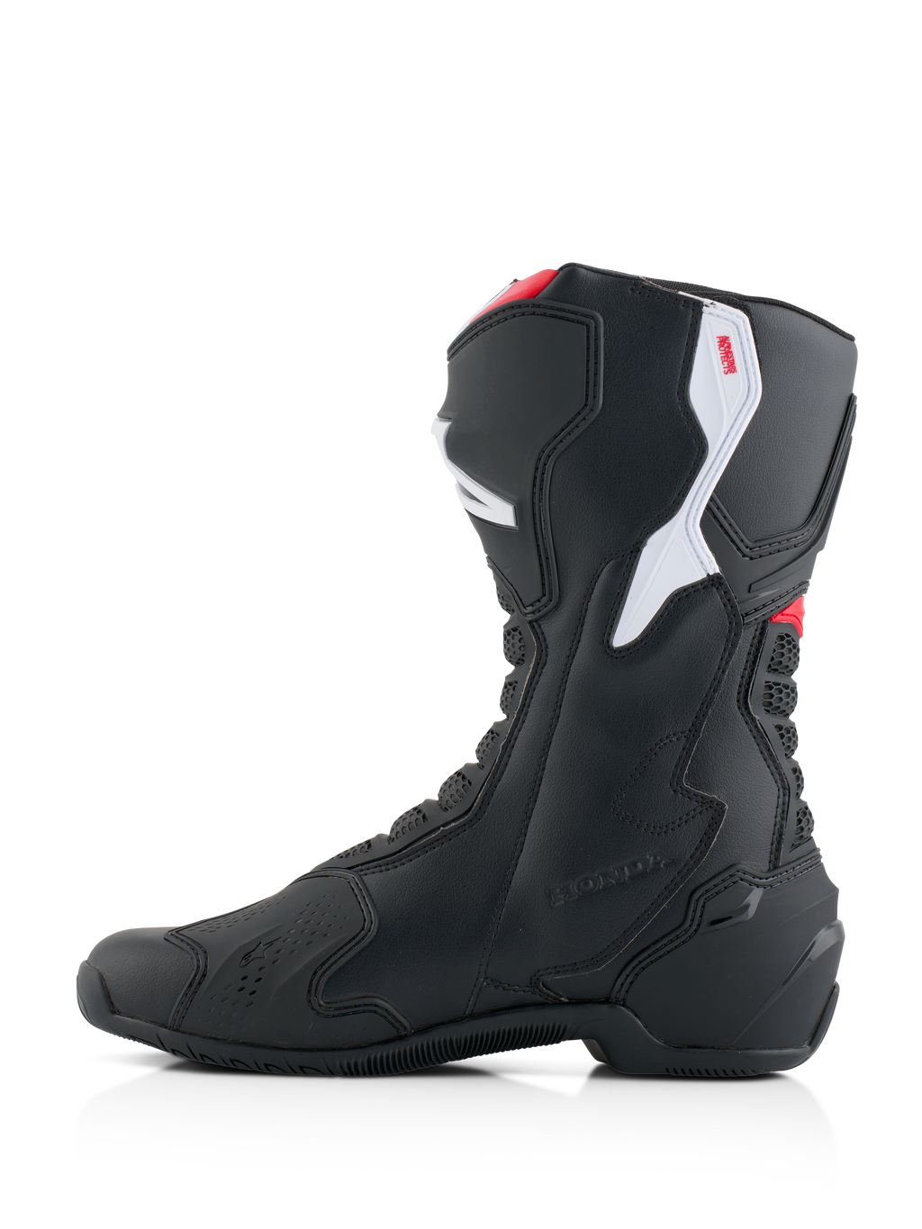Buty Alpinestars Honda SMX-6 V3, wyczynowe buty motocyklowe, czarne z jaskrawoczerwonymi i białymi akcentami, profil od strony przyśrodkowej, wytrzymała konstrukcja z mikrofibry, panele ochronne TPU i wytłaczane logo Honda.