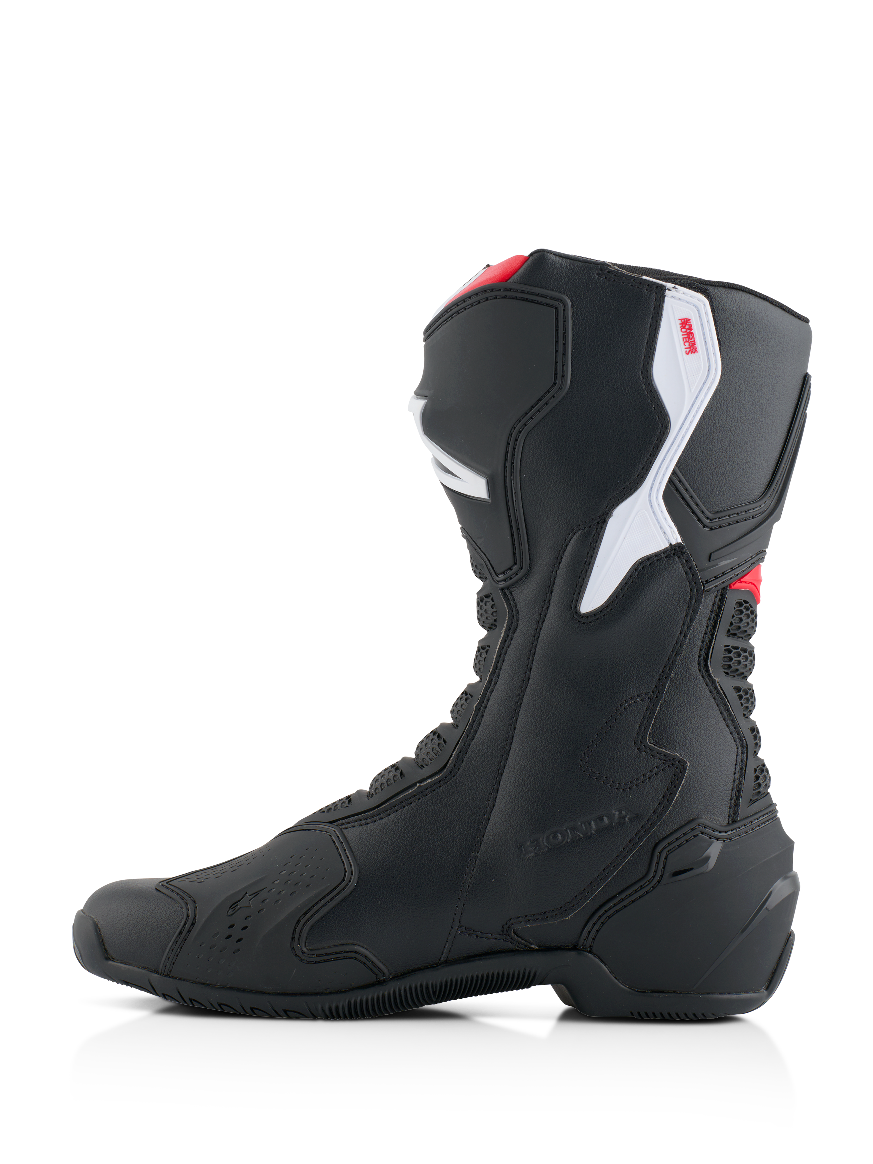 Buty Alpinestars Honda SMX-6 V3, wyczynowe buty motocyklowe, czarne z jaskrawoczerwonymi i białymi akcentami, profil od strony przyśrodkowej, wytrzymała konstrukcja z mikrofibry, panele ochronne TPU i wytłaczane logo Honda.