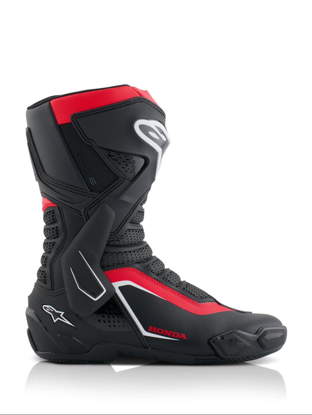 Alpinestars Honda SMX-6 V3 Boots, wyczynowe buty motocyklowe, czarne z jaskrawoczerwonymi i białymi akcentami, widok z boku, konstrukcja z mikrofibry z ochroną TPU, boczny stabilizator kostki, branding Honda, profesjonalny sprzęt wyścigowy i drogowy