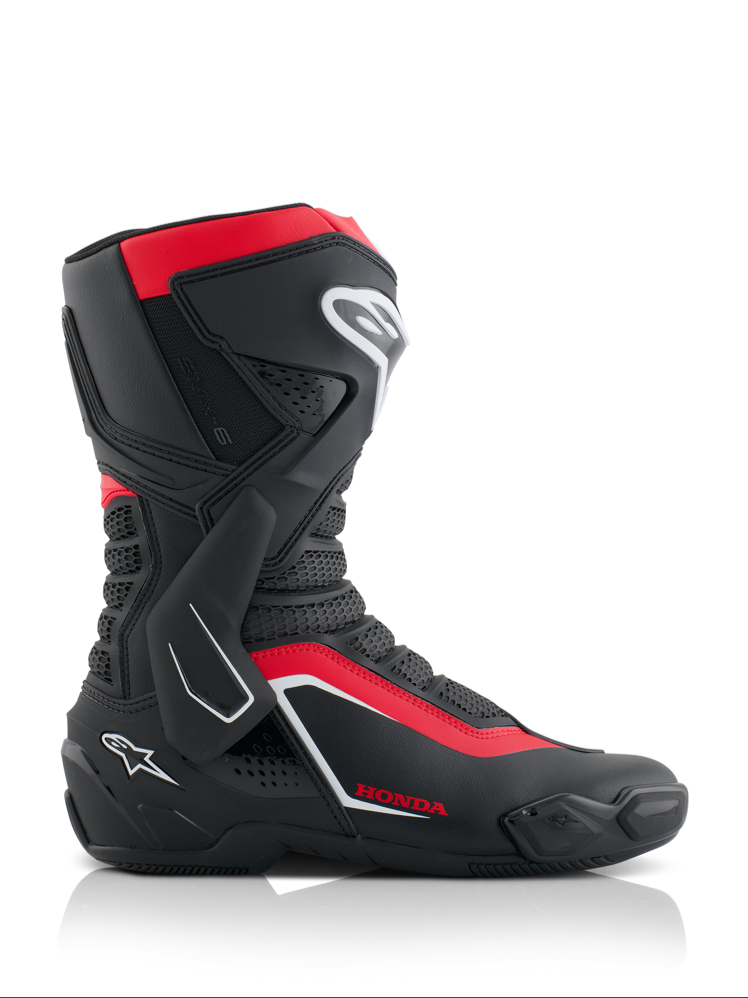 Alpinestars Honda SMX-6 V3 Boots, wyczynowe buty motocyklowe, czarne z jaskrawoczerwonymi i białymi akcentami, widok z boku, konstrukcja z mikrofibry z ochroną TPU, boczny stabilizator kostki, branding Honda, profesjonalny sprzęt wyścigowy i drogowy