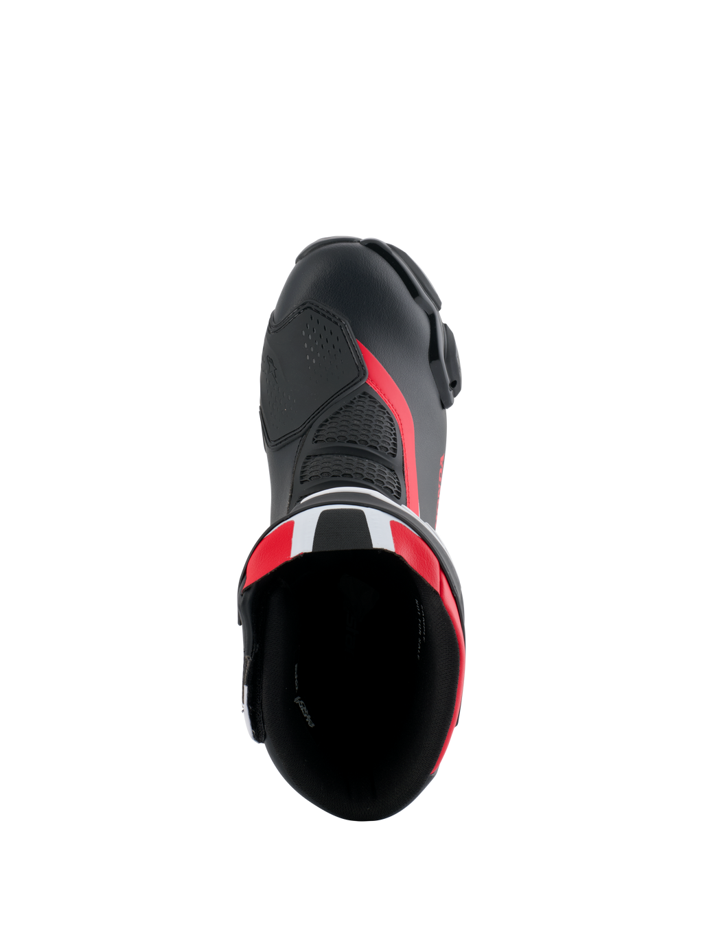 Buty Alpinestars Honda SMX-6 V3, wyczynowe buty motocyklowe, czarne z jaskrawoczerwonymi i białymi akcentami, widok z góry na otwór buta, cholewka z mikrofibry z detalami z siateczki i czerwonymi akcentami, aerodynamiczny design do jazdy na torze i ulicy