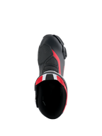 Buty Alpinestars Honda SMX-6 V3, wyczynowe buty motocyklowe, czarne z jaskrawoczerwonymi i białymi akcentami, widok z góry na otwór buta, cholewka z mikrofibry z detalami z siateczki i czerwonymi akcentami, aerodynamiczny design do jazdy na torze i ulicy