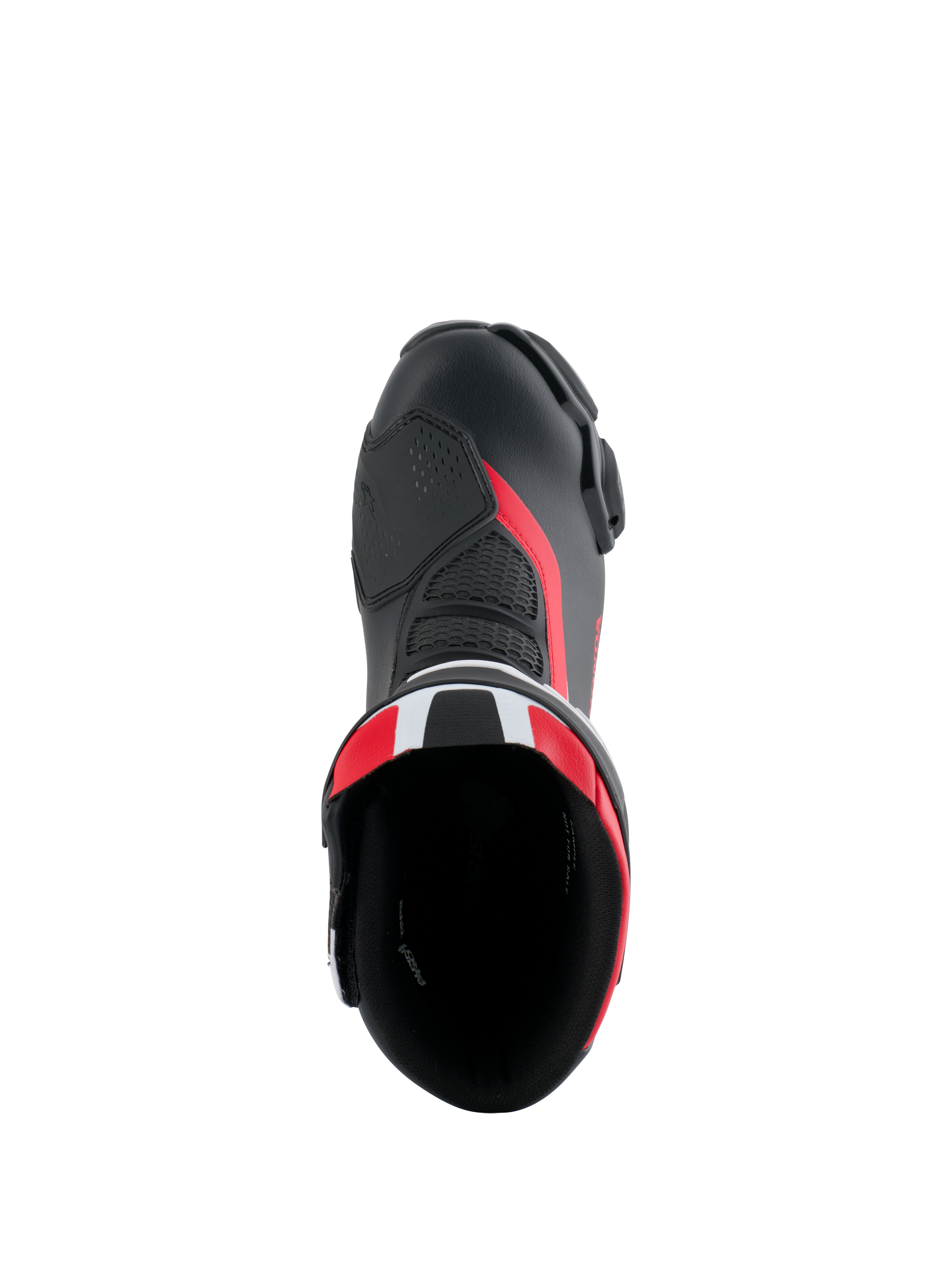 Buty Alpinestars Honda SMX-6 V3, wyczynowe buty motocyklowe, czarne z jaskrawoczerwonymi i białymi akcentami, widok z góry na otwór buta, cholewka z mikrofibry z detalami z siateczki i czerwonymi akcentami, aerodynamiczny design do jazdy na torze i ulicy