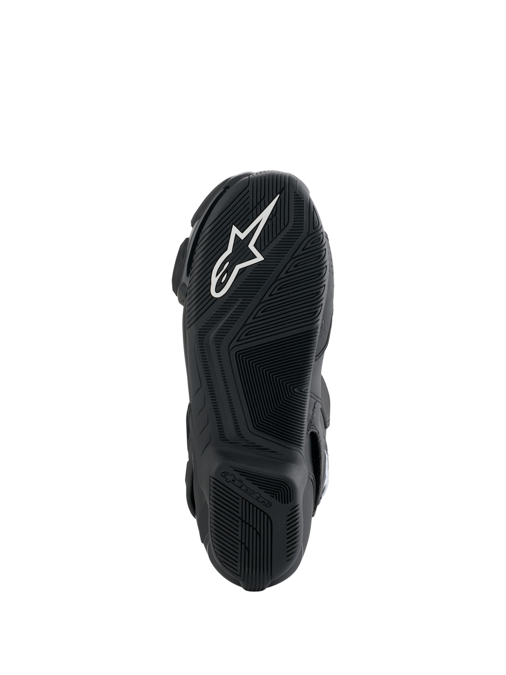 Buty Alpinestars Honda SMX-6 V3, widok podeszwy, czarna gumowa podeszwa zewnętrzna z białym logo Alpinestars, teksturowana konstrukcja zapewniająca przyczepność i precyzję podczas obsługi motocykla