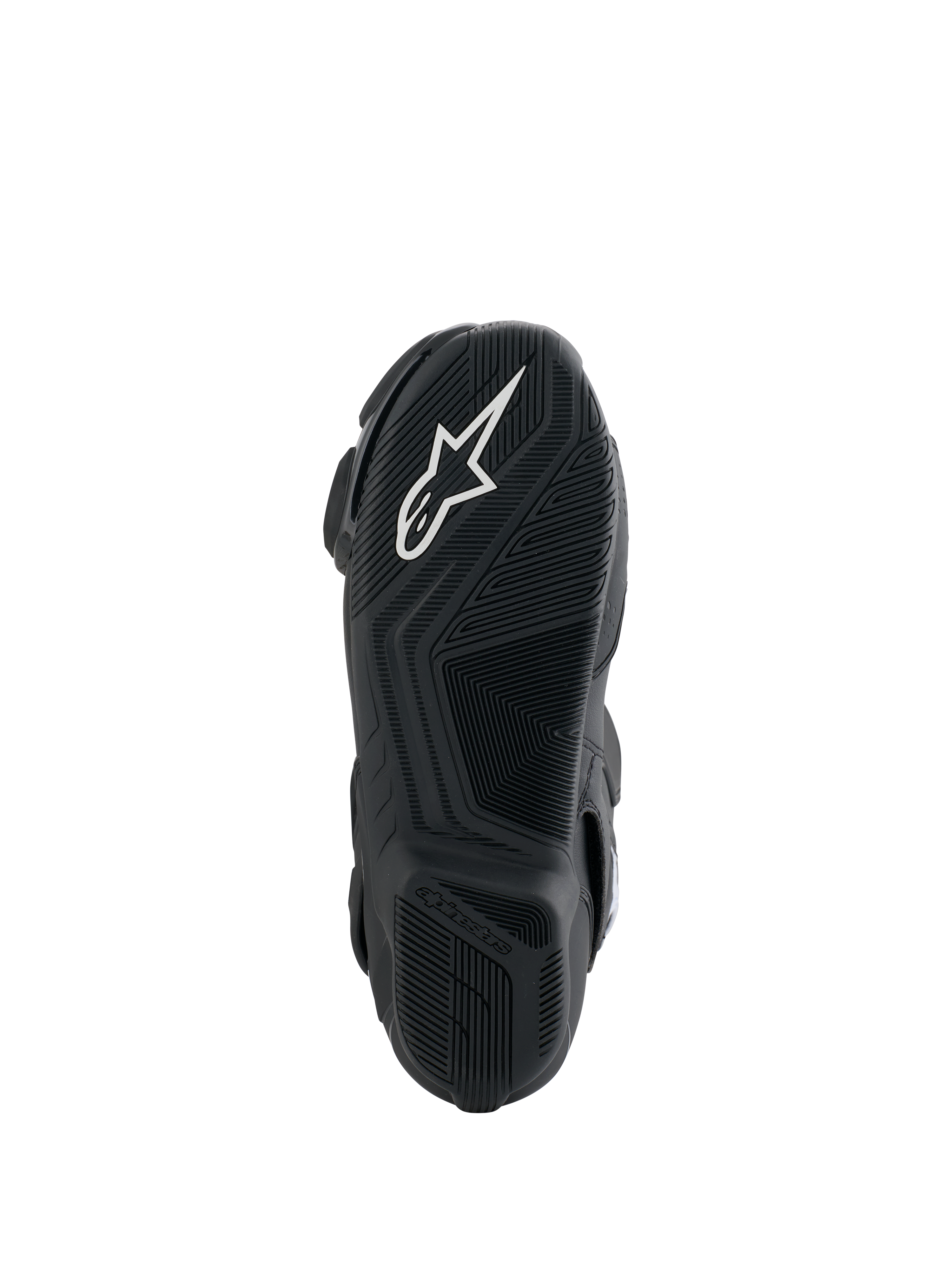 Buty Alpinestars Honda SMX-6 V3, widok podeszwy, czarna gumowa podeszwa zewnętrzna z białym logo Alpinestars, teksturowana konstrukcja zapewniająca przyczepność i precyzję podczas obsługi motocykla