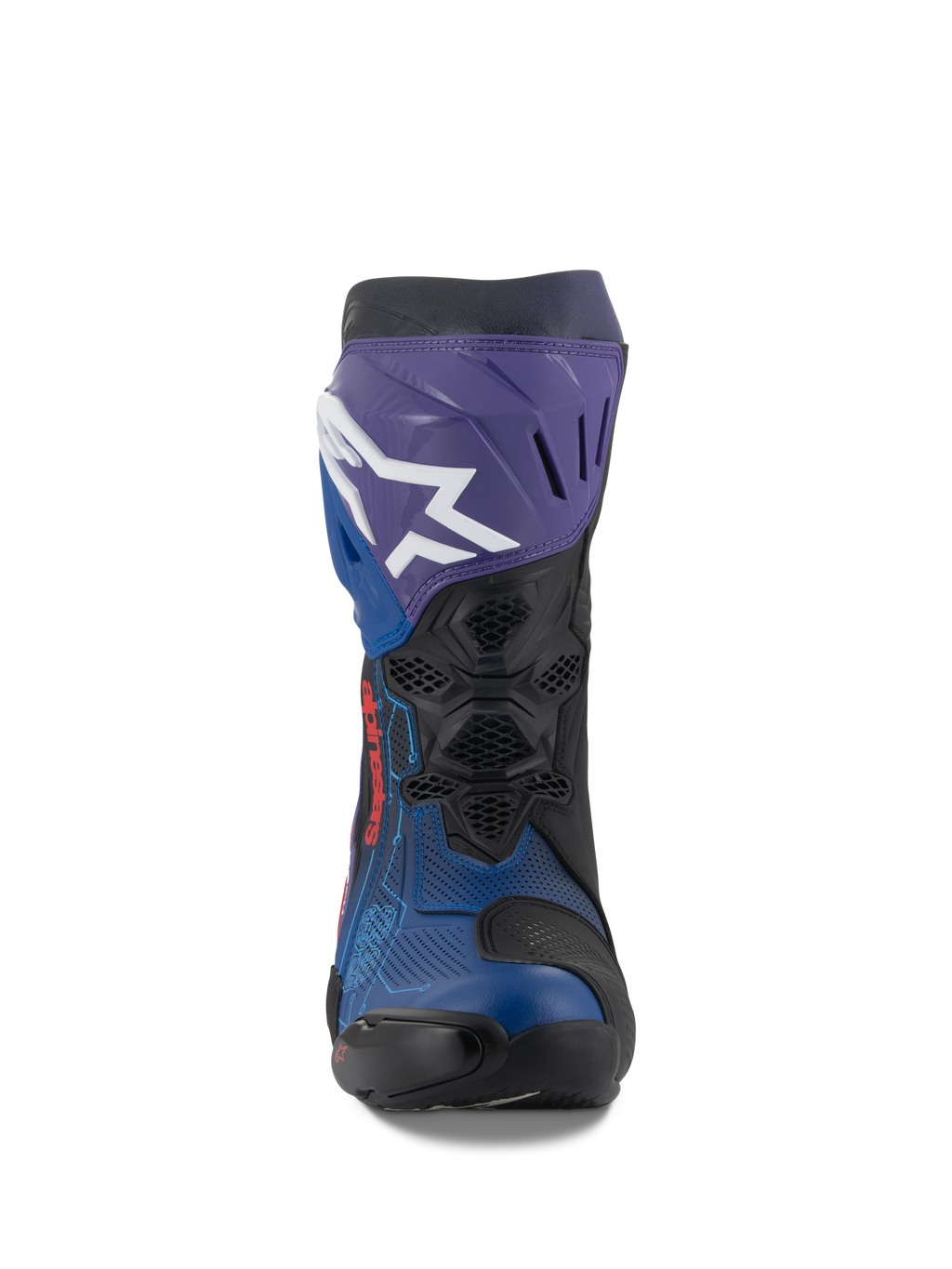 Buty Alpinestars Supertech R LE Martinator R01 Wentylowane, wyścigowe buty motocyklowe, niebieskie, fioletowe, czerwone i czarne, widok z przodu z białym logo Alpinestars na fioletowej płycie goleniowej, cholewka z perforowanej mikrofibry zapewniająca maksymalny przepływ powietrza, techniczna konstrukcja wyścigowa o wysokiej wydajności