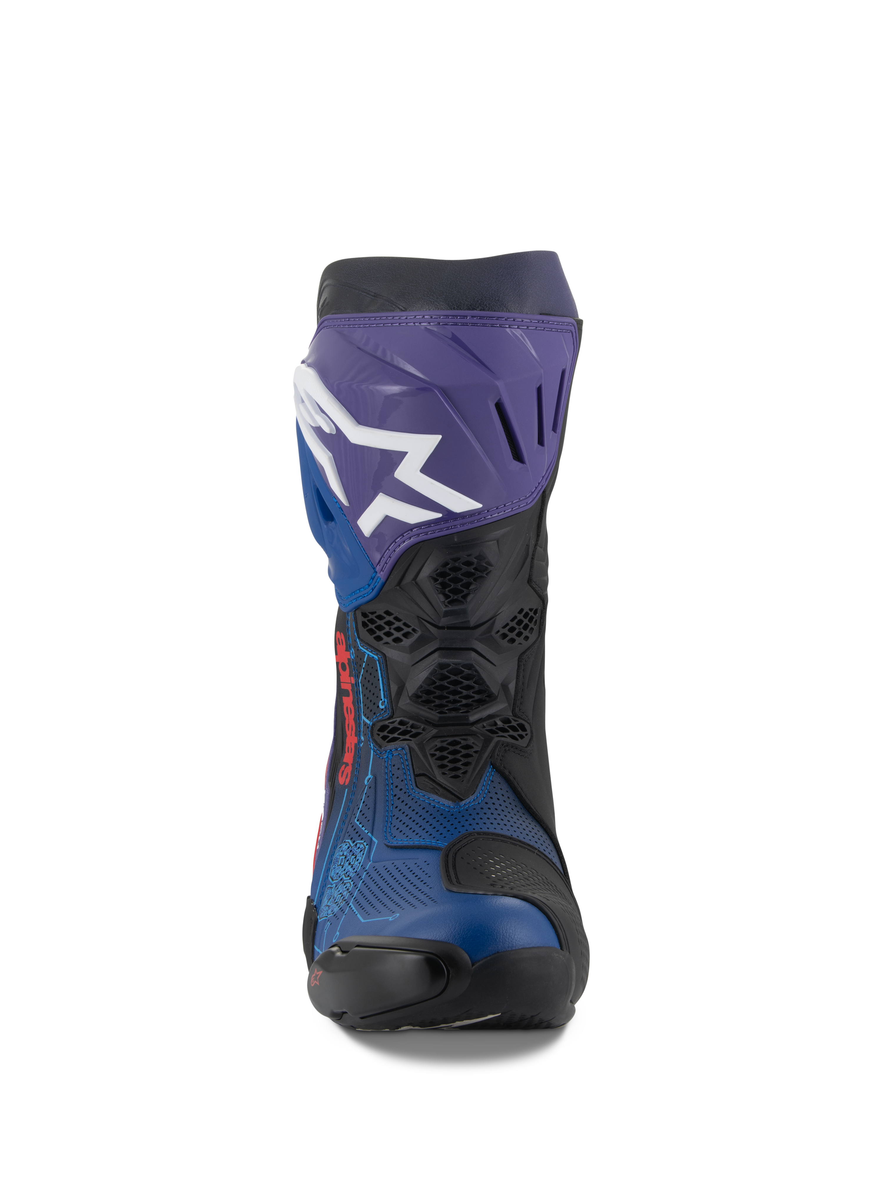 Buty Alpinestars Supertech R LE Martinator R01 Wentylowane, wyścigowe buty motocyklowe, niebieskie, fioletowe, czerwone i czarne, widok z przodu z białym logo Alpinestars na fioletowej płycie goleniowej, cholewka z perforowanej mikrofibry zapewniająca maksymalny przepływ powietrza, techniczna konstrukcja wyścigowa o wysokiej wydajności