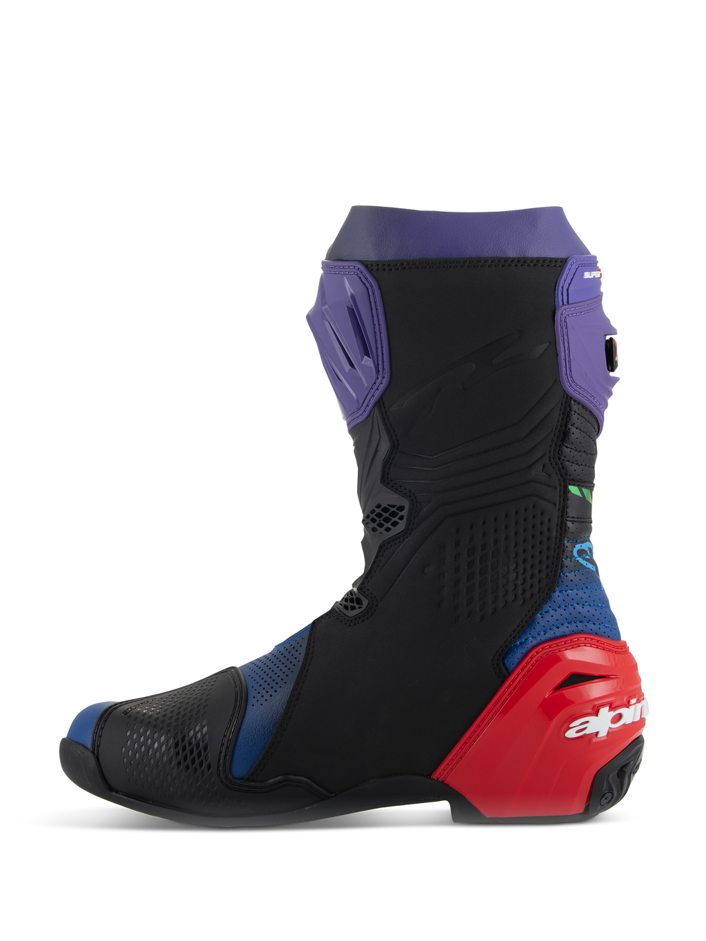 Buty Alpinestars Supertech R LE Martinator R01 Vented, wyścigowe buty motocyklowe, niebieskie, fioletowe, czerwone i czarne, widok z boku przedstawiający perforowaną mikrofibrę, fioletową płytę goleniową i czerwony ochraniacz pięty z białym logo