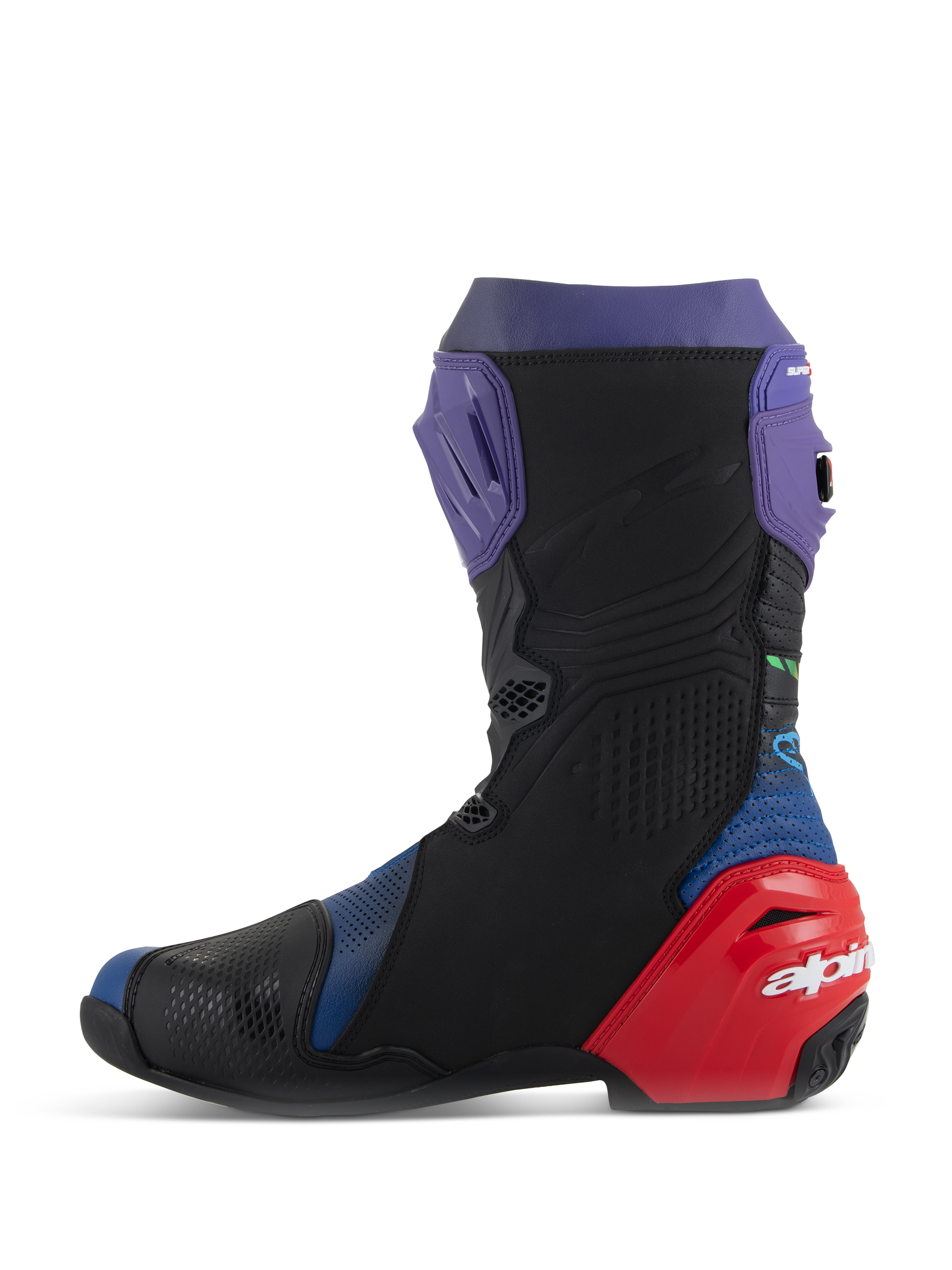 Buty Alpinestars Supertech R LE Martinator R01 Vented, wyścigowe buty motocyklowe, niebieskie, fioletowe, czerwone i czarne, widok z boku przedstawiający perforowaną mikrofibrę, fioletową płytę goleniową i czerwony ochraniacz pięty z białym logo