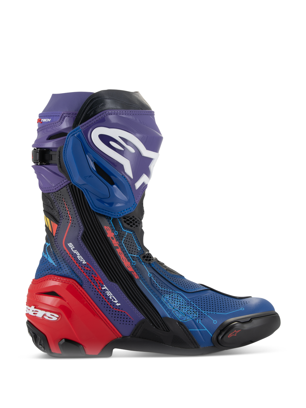 Buty Alpinestars Supertech R LE Martinator R01 Vented, wyczynowe buty motocyklowe, żywa niebieska, fioletowa i czerwona kolorystyka, perforowana konstrukcja z mikrofibry, wyraźne białe logo Alpinestars na goleni i wzmocniony czerwony ochraniacz pięty