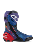 Buty Alpinestars Supertech R LE Martinator R01 Vented, wyczynowe buty motocyklowe, żywa niebieska, fioletowa i czerwona kolorystyka, perforowana konstrukcja z mikrofibry, wyraźne białe logo Alpinestars na goleni i wzmocniony czerwony ochraniacz pięty