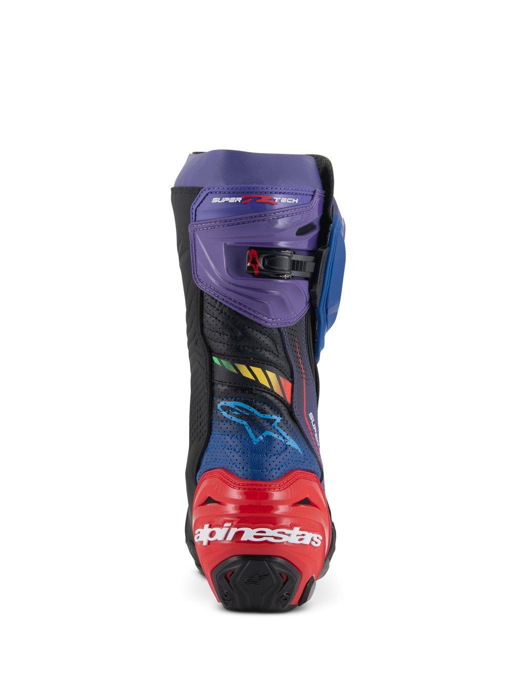 Alpinestars Supertech R LE Martinator R01 Wentylowane, wyścigowe buty motocyklowe, niebieskie, fioletowe, czerwone i czarne, widok z tyłu z czerwonym ochraniaczem pięty i białym logo Alpinestars, fioletowy górny ochraniacz z regulowaną klamrą i perforowana mikrofibra.
