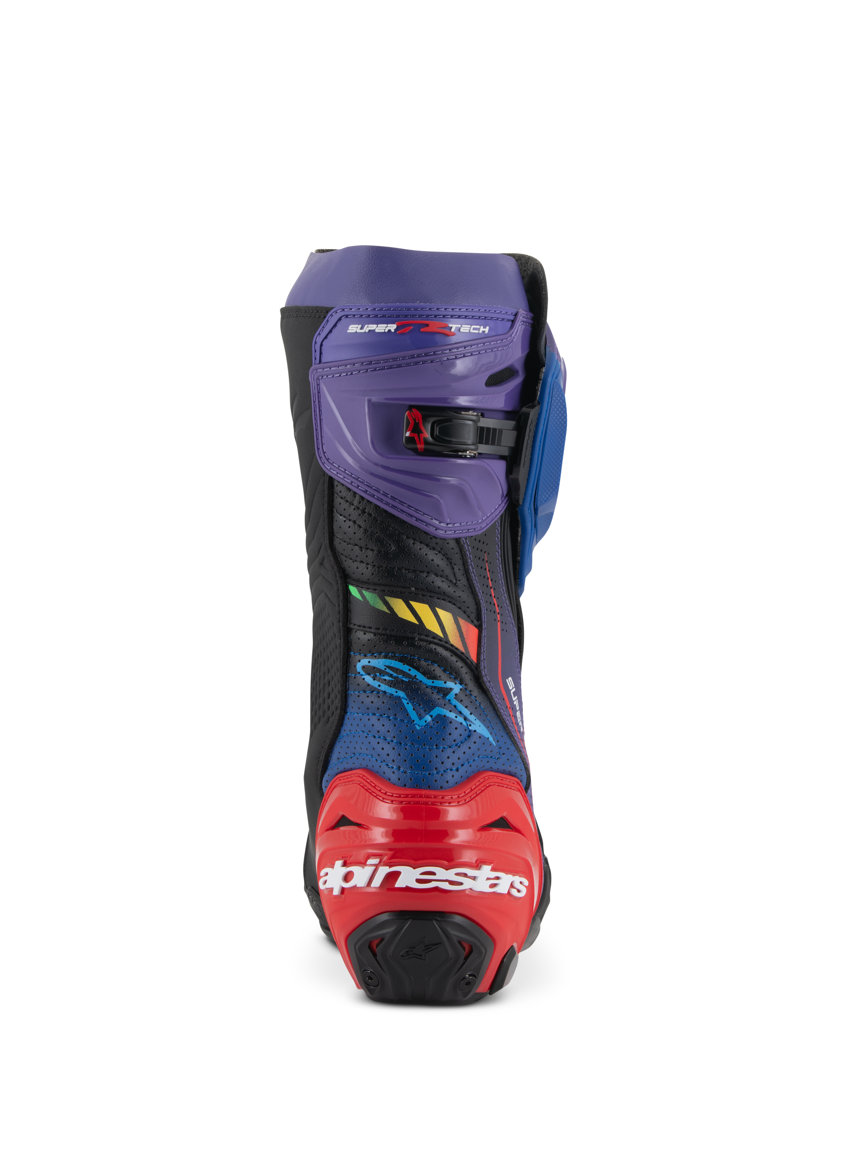 Alpinestars Supertech R LE Martinator R01 Wentylowane, wyścigowe buty motocyklowe, niebieskie, fioletowe, czerwone i czarne, widok z tyłu z czerwonym ochraniaczem pięty i białym logo Alpinestars, fioletowy górny ochraniacz z regulowaną klamrą i perforowana mikrofibra.