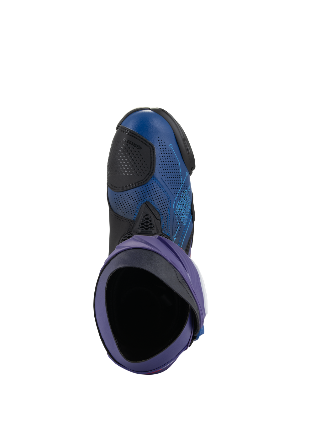Alpinestars Supertech R LE Martinator R01 Vented Boots, wyścigowe buty motocyklowe, niebieskie i fioletowe z czarnymi akcentami, widok z góry do wnętrza buta, cholewka z perforowanej mikrofibry i wyścigowy design