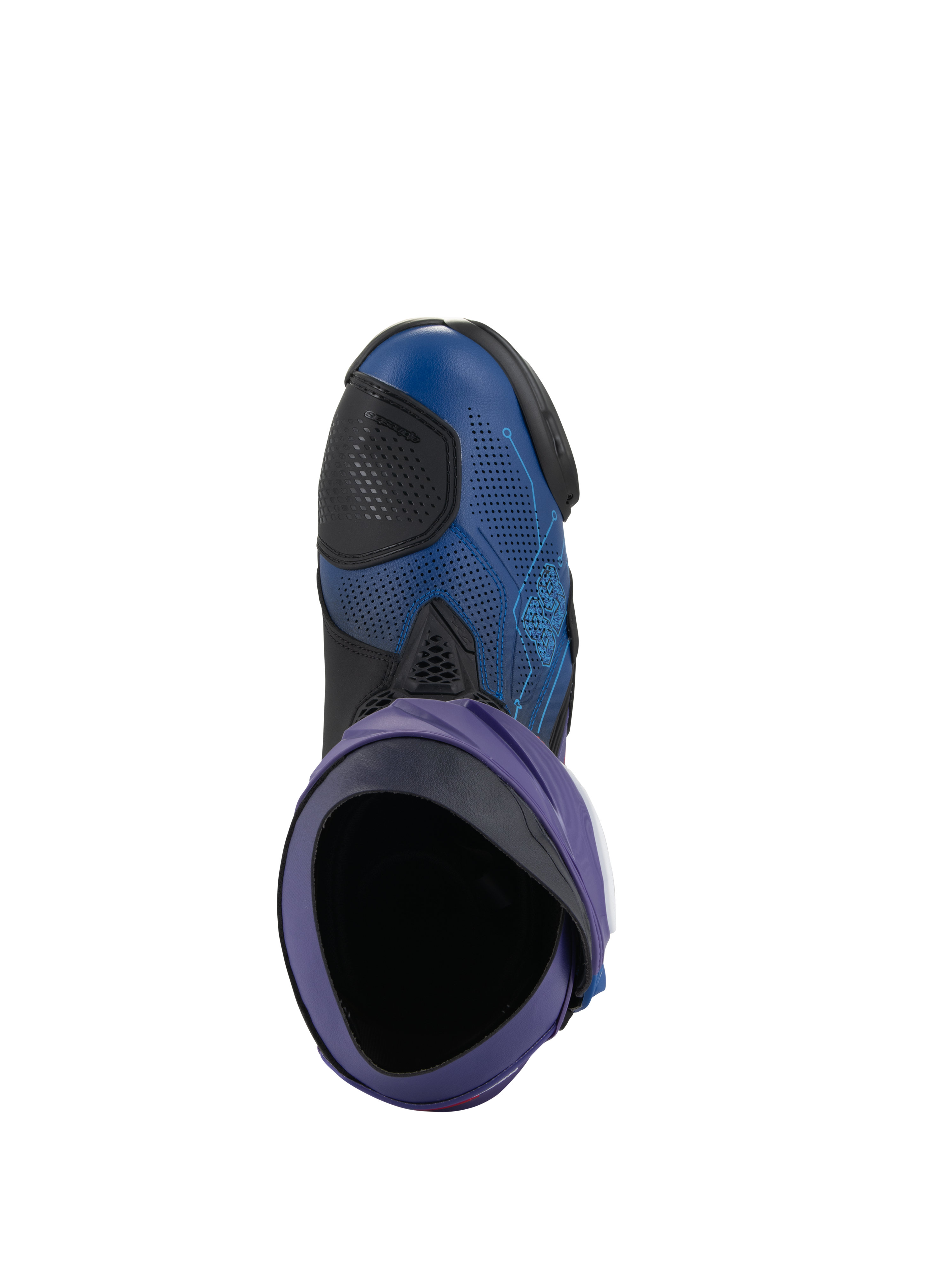 Alpinestars Supertech R LE Martinator R01 Vented Boots, wyścigowe buty motocyklowe, niebieskie i fioletowe z czarnymi akcentami, widok z góry do wnętrza buta, cholewka z perforowanej mikrofibry i wyścigowy design