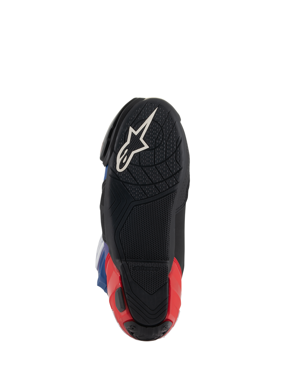 Alpinestars Supertech R LE Martinator R01 Vented Boots, widok podeszwy, czarne z białym logo Astars i czerwoną piętą, teksturowana mieszanka gumowa zapewniająca przyczepność, wyczynowe obuwie wyścigowe