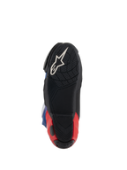 Alpinestars Supertech R LE Martinator R01 Vented Boots, widok podeszwy, czarne z białym logo Astars i czerwoną piętą, teksturowana mieszanka gumowa zapewniająca przyczepność, wyczynowe obuwie wyścigowe