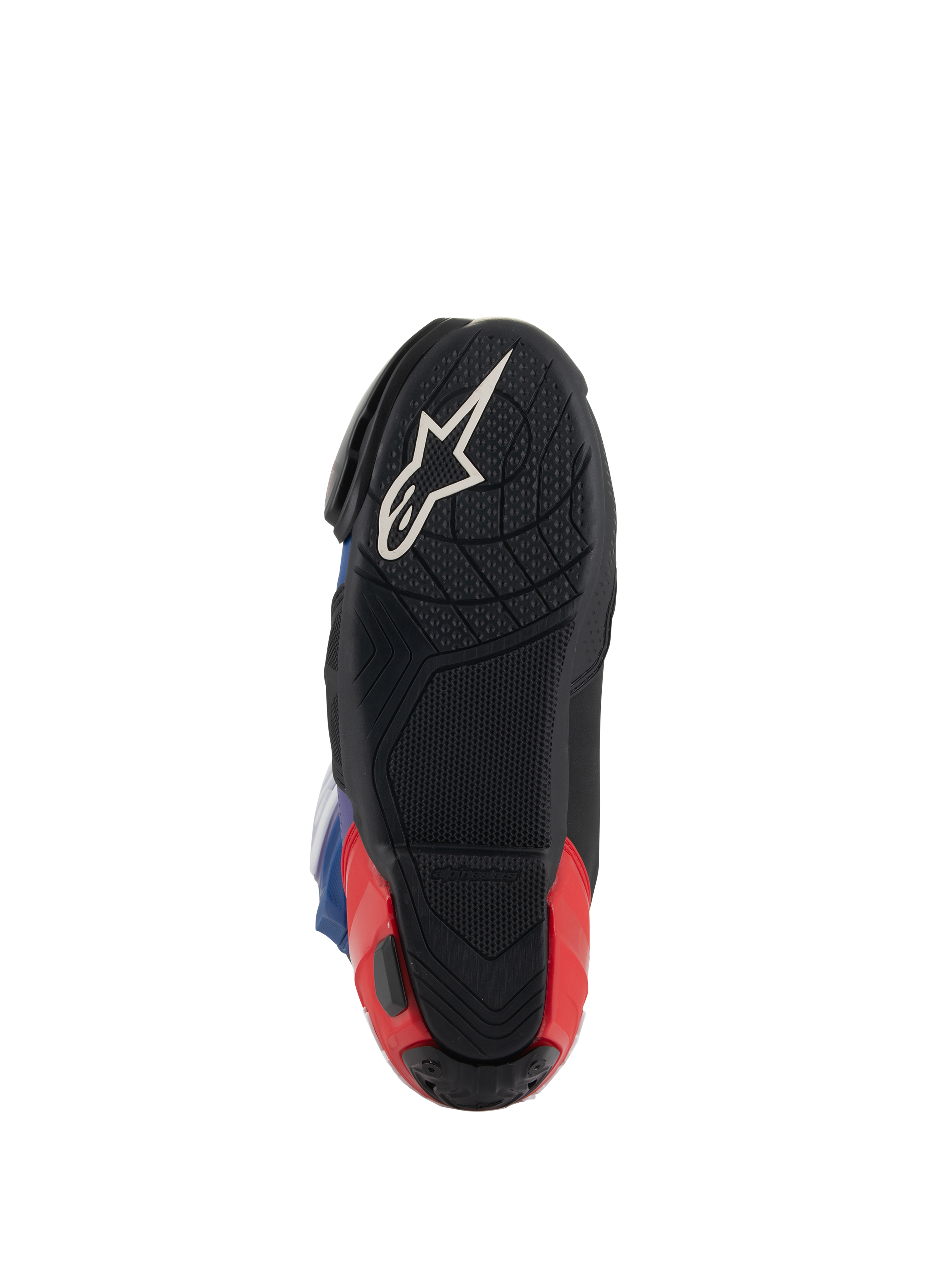 Alpinestars Supertech R LE Martinator R01 Vented Boots, widok podeszwy, czarne z białym logo Astars i czerwoną piętą, teksturowana mieszanka gumowa zapewniająca przyczepność, wyczynowe obuwie wyścigowe