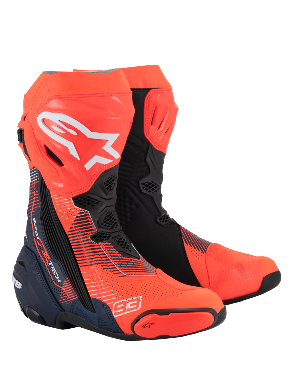 Alpinestars Supertech R Vented MM93 Replica Boots, profesjonalne buty motocyklowe wyścigowe, czerwone fluo, ciemnogranatowe i czarne, branding Marc Marquez 93, perforowana konstrukcja z mikrofibry zapewniająca wentylację, aerodynamiczny design z zaawansowanymi sliderami ochronnymi