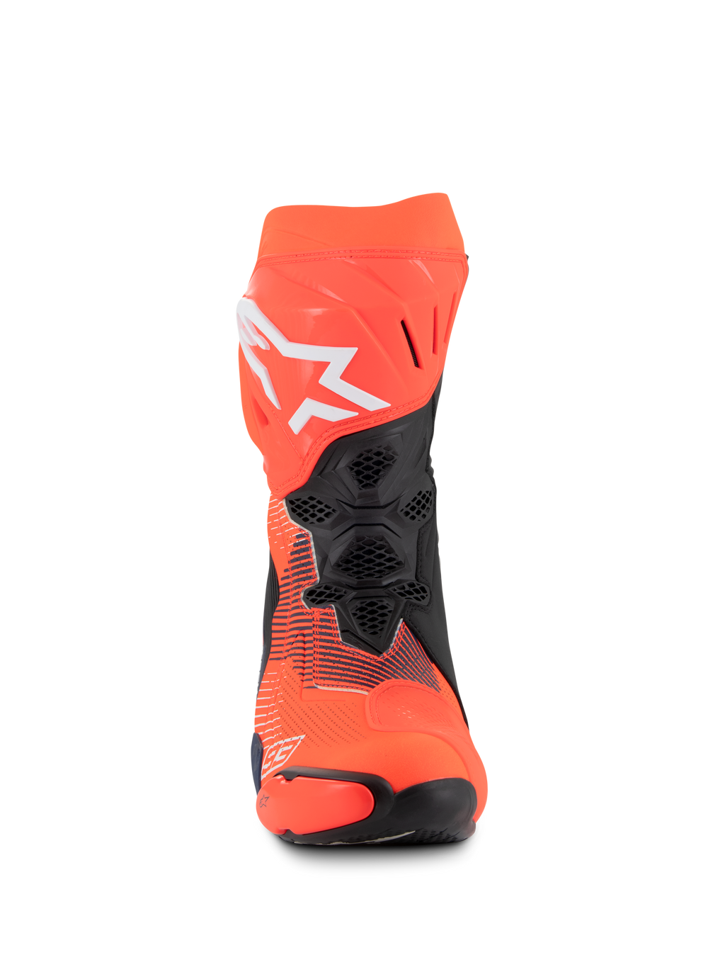 Buty Alpinestars Supertech R Vented MM93 Replica, wyścigowe buty motocyklowe, czerwony fluo, ciemnoniebieski i czarny, widok z przodu ukazujący wentylację z siateczki, białe logo Alpinestars, wytrzymała konstrukcja z mikrofibry