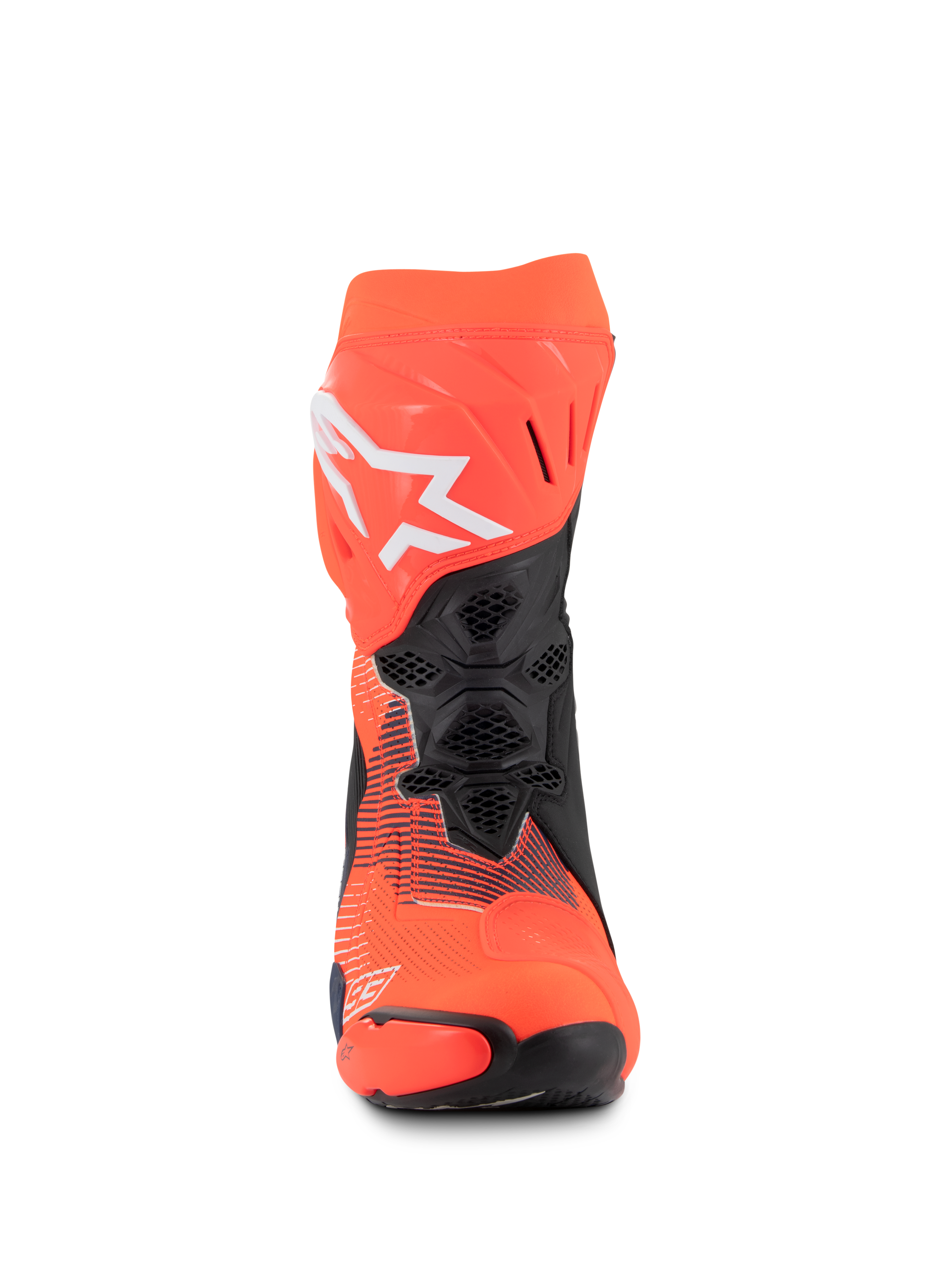 Buty Alpinestars Supertech R Vented MM93 Replica, wyścigowe buty motocyklowe, czerwony fluo, ciemnoniebieski i czarny, widok z przodu ukazujący wentylację z siateczki, białe logo Alpinestars, wytrzymała konstrukcja z mikrofibry