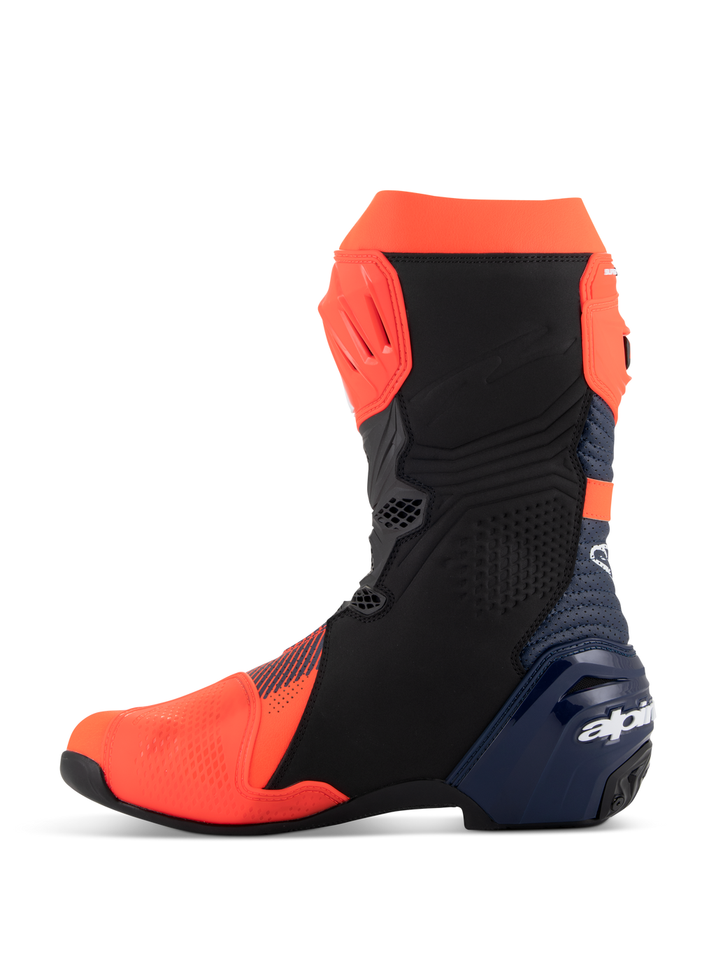 Buty Alpinestars Supertech R Vented MM93 Replica, motocyklowe buty wyścigowe, kolor czerwony fluo, ciemnoniebieski i czarny, widok od strony wewnętrznej, z perforowaną cholewką z mikrofibry, płytami ochronnymi TPU i smukłym, sportowym designem.