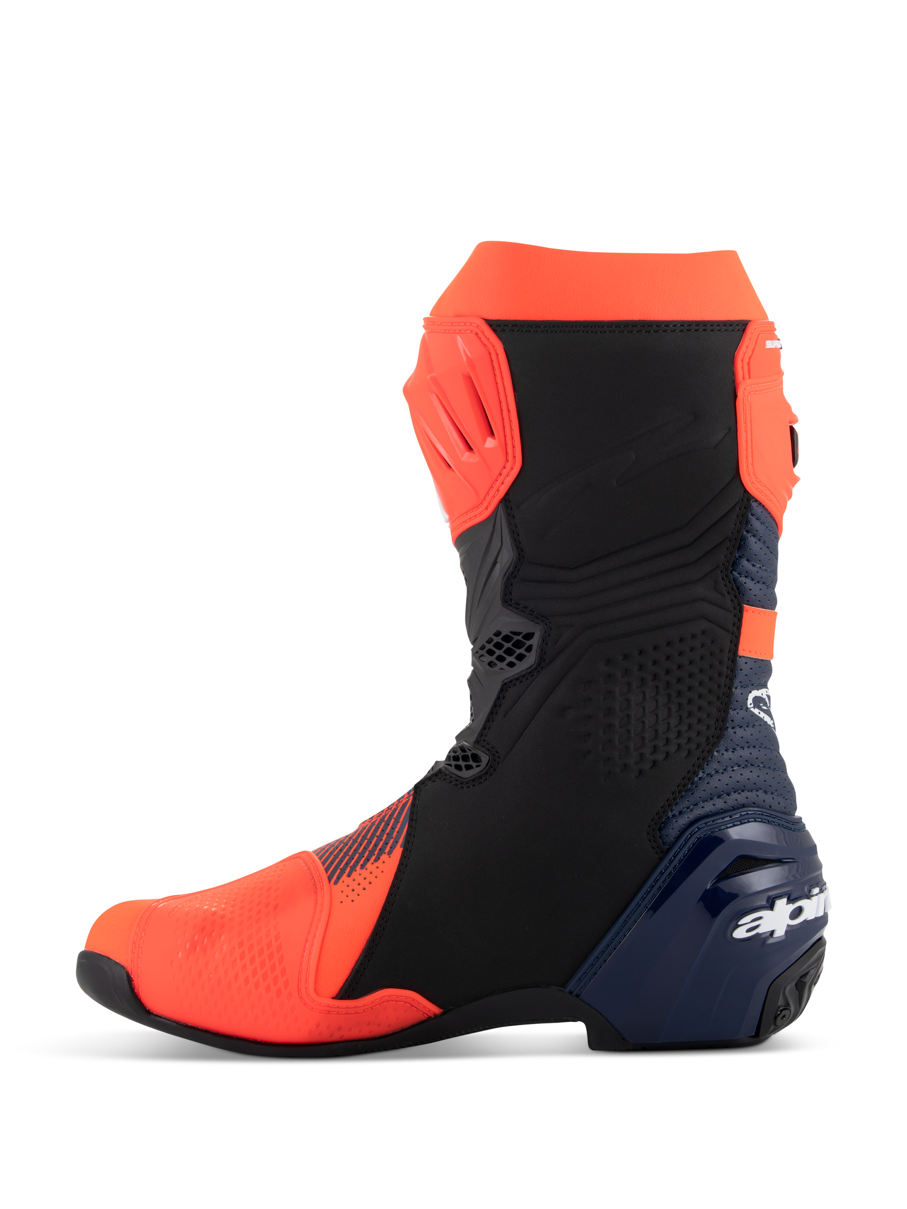 Buty Alpinestars Supertech R Vented MM93 Replica, motocyklowe buty wyścigowe, kolor czerwony fluo, ciemnoniebieski i czarny, widok od strony wewnętrznej, z perforowaną cholewką z mikrofibry, płytami ochronnymi TPU i smukłym, sportowym designem.