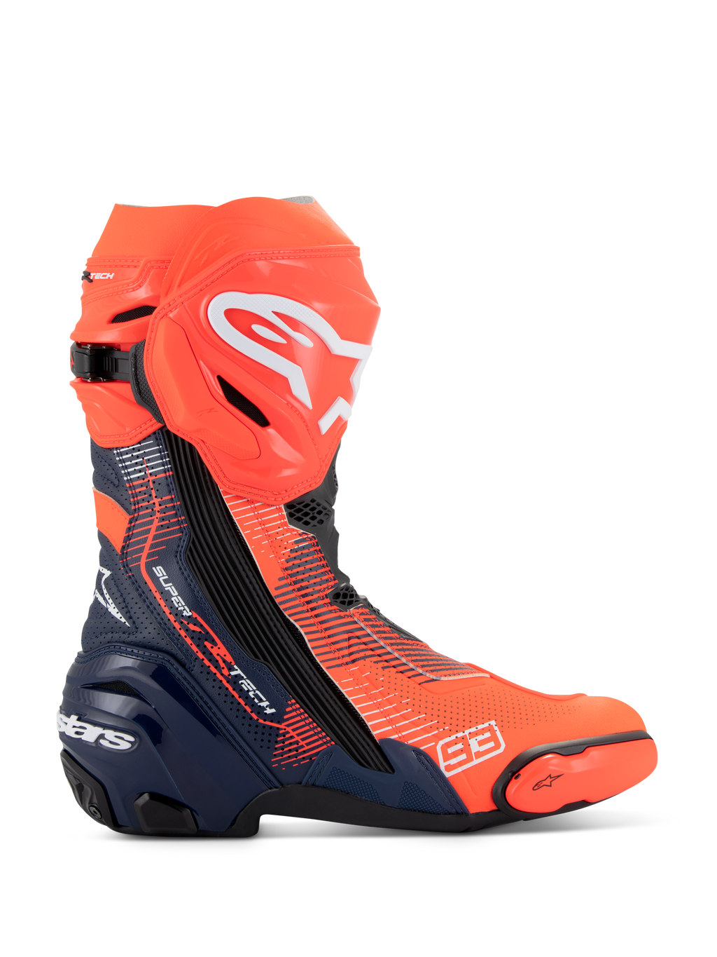 Buty Alpinestars Supertech R Vented MM93 Replica, motocyklowe buty wyścigowe, czerwone fluo i ciemnoniebieskie z czarnymi akcentami, perforowana cholewka z mikrofibry zapewniająca wentylację, białe logo Alpinestars na goleni, numer 93 na czubku.