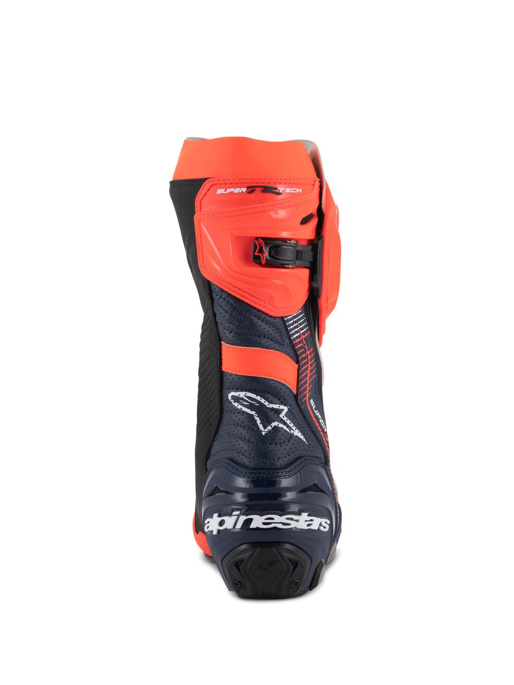 Alpinestars Supertech R Vented MM93 Replica, motocyklowe buty wyścigowe, kolor czerwony fluo, ciemnoniebieski i czarny, widok z tyłu z białym logo Alpinestars na pięcie i regulowanym zapięciem zapadkowym w kolorze czerwonym fluo, perforowana konstrukcja z mikrofibry zapewniająca wysoki przepływ powietrza