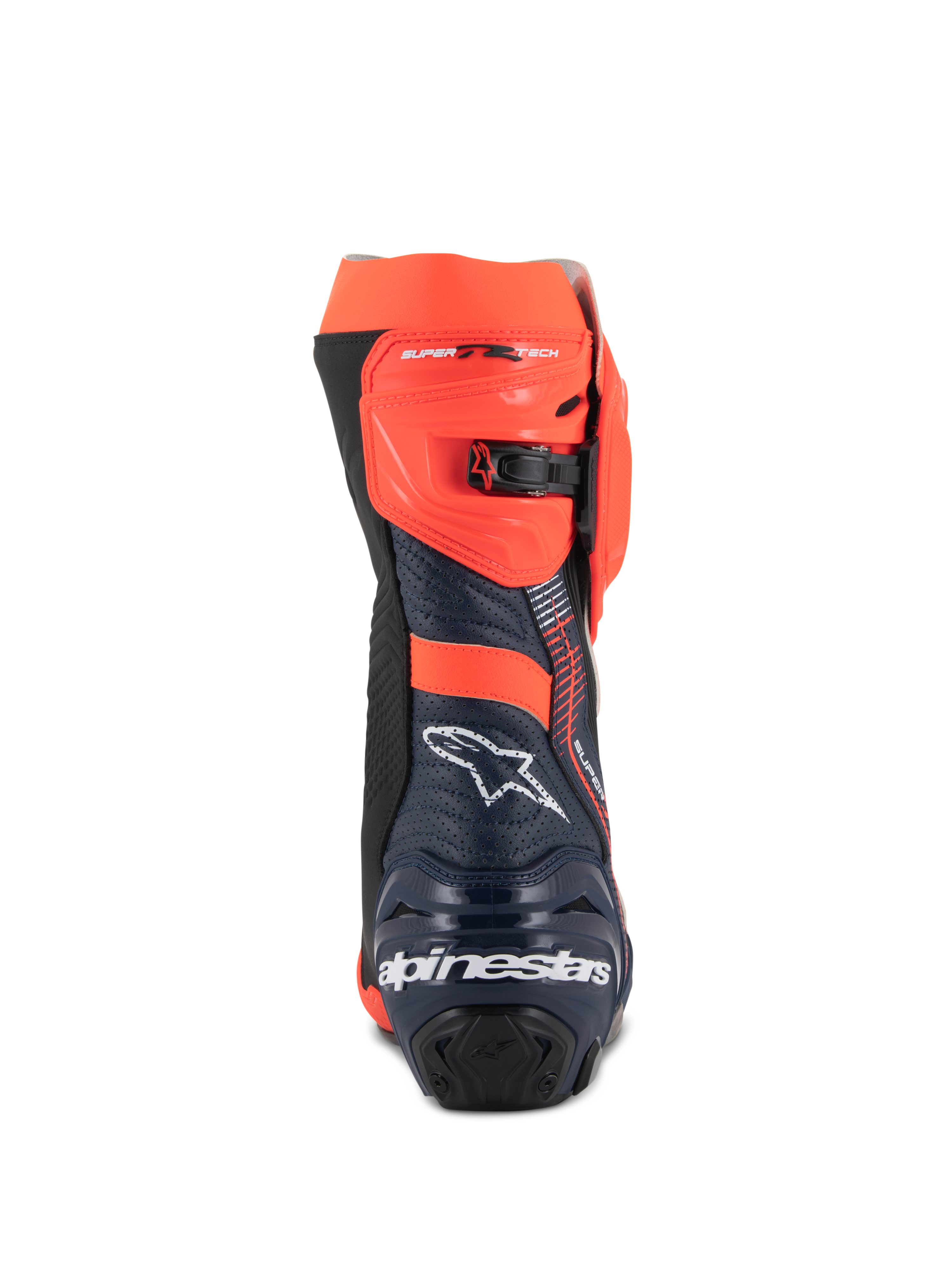 Alpinestars Supertech R Vented MM93 Replica, motocyklowe buty wyścigowe, kolor czerwony fluo, ciemnoniebieski i czarny, widok z tyłu z białym logo Alpinestars na pięcie i regulowanym zapięciem zapadkowym w kolorze czerwonym fluo, perforowana konstrukcja z mikrofibry zapewniająca wysoki przepływ powietrza
