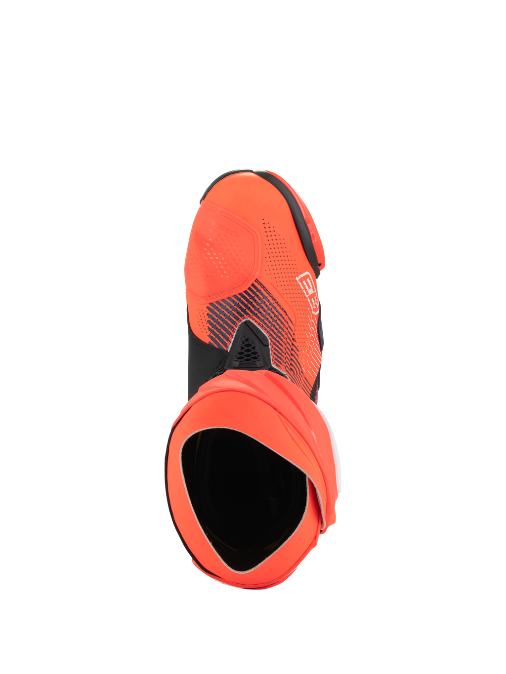 Buty Alpinestars Supertech R Vented MM93 Replica, wysokiej klasy sportowe buty motocyklowe, czerwone fluo i granatowe, widok z góry pokazujący otwór i konstrukcję buta wewnętrznego, cholewka z perforowanej mikrofibry z grafiką sygnowaną przez Marca Márqueza